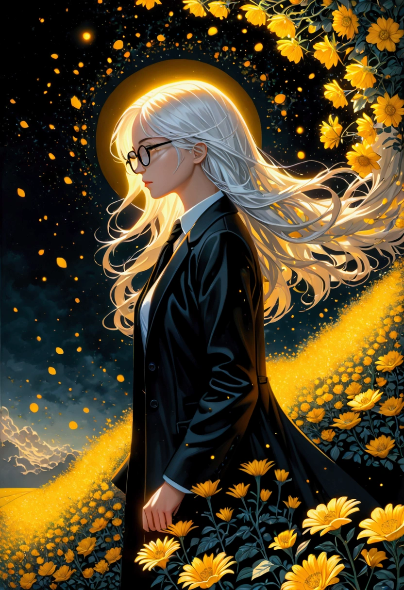 (masterpiece),(best quality), (fantasy:1.4), Surrealism, shadow, Relief, Stereogram, Atmospheric perspective, 8K, Super Detail,A moon, Yellow flowers , Paper_cut,1 Girl, Solitary, (White hair, Long hair), Perfect hairstyle and glasses, (White shirt, Black tie, Black coat, Open coat), (((Glowing light particles))), Dynamic Angle,