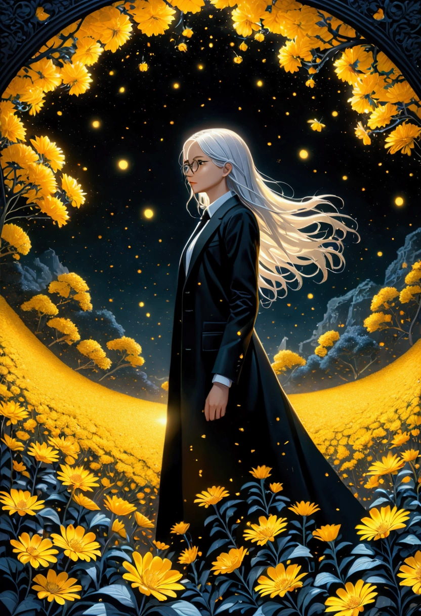 (masterpiece),(best quality), (fantasy:1.4), Surrealism, shadow, Relief, Stereogram, Atmospheric perspective, 8K, Super Detail,A moon, Yellow flowers , Paper_cut,1 Girl, Solitary, (White hair, Long hair), Perfect hairstyle and glasses, (White shirt, Black tie, Black coat, Open coat), (((Glowing light particles))), Dynamic Angle,