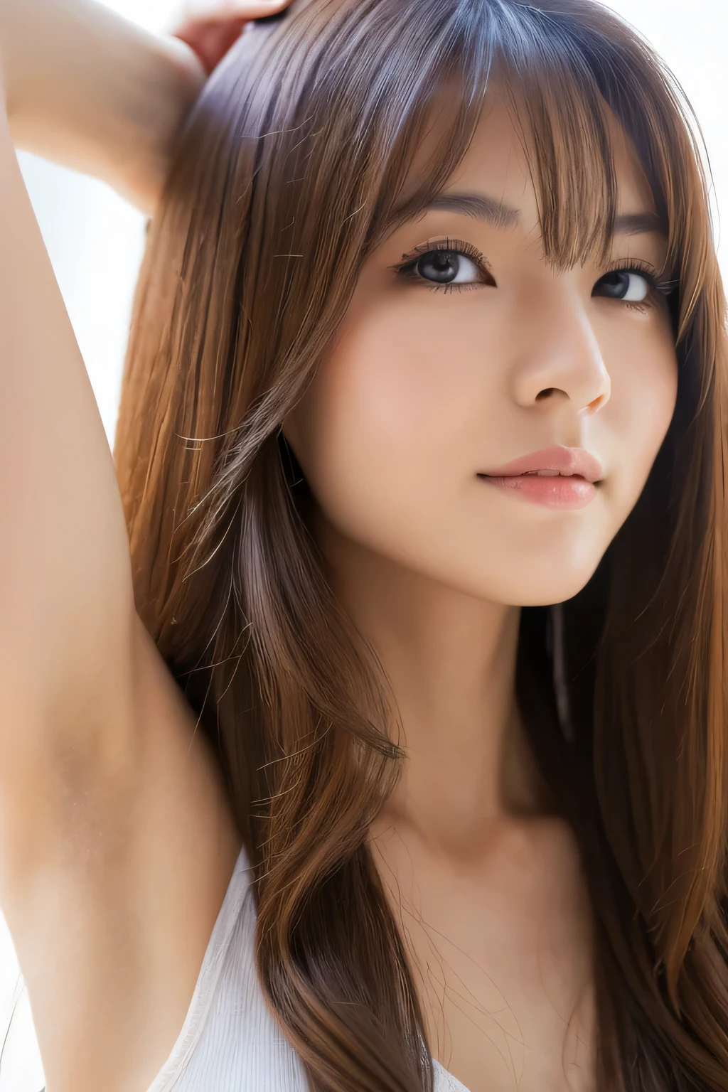 (masterpiece), (Highest quality, High resolution, Very detailed, figure), Girl with a slender Japan, 30 years old, One girl, alone, city, Contemporary, Profile picture close-up, Long Hair, Cute Face, Detailed face, Brown eyes, Beautiful attention to detail, , underarm emphasis,Armpit Real 8K, Trending on Art Station