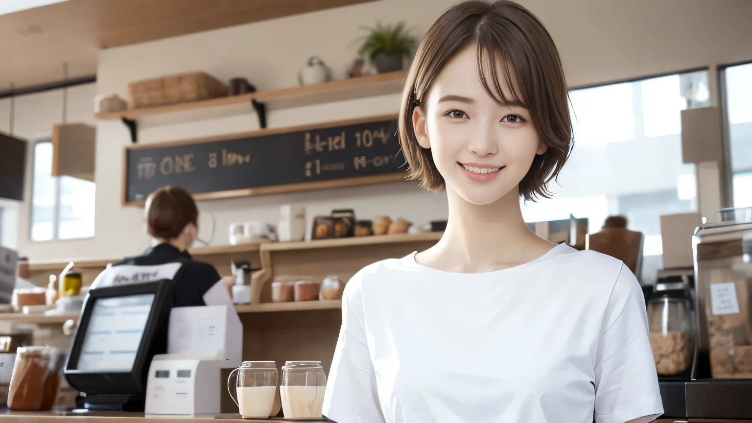 super high quality, Fashion Model, smile, Slenderのネックレス, Slender, The staff is working at the counter in the back., (8k、RAW Photos、Highest quality、masterpiece:1.2), (Realistic、Photorealistic:1.37), Beautiful Face , Urban Cafe, Golden Ratio, Raw photo, Light Brown Hair, Small breasts, Bright cafe interior, Blurred Background, Summer clothes, Cafe Terrace, Open Cafe, Photographed inside the cafe, Hair blowing in the wind, Neat clothes, T-Shirts, Very Short Hair, 18-year-old, Cool older sister, beautiful girl,