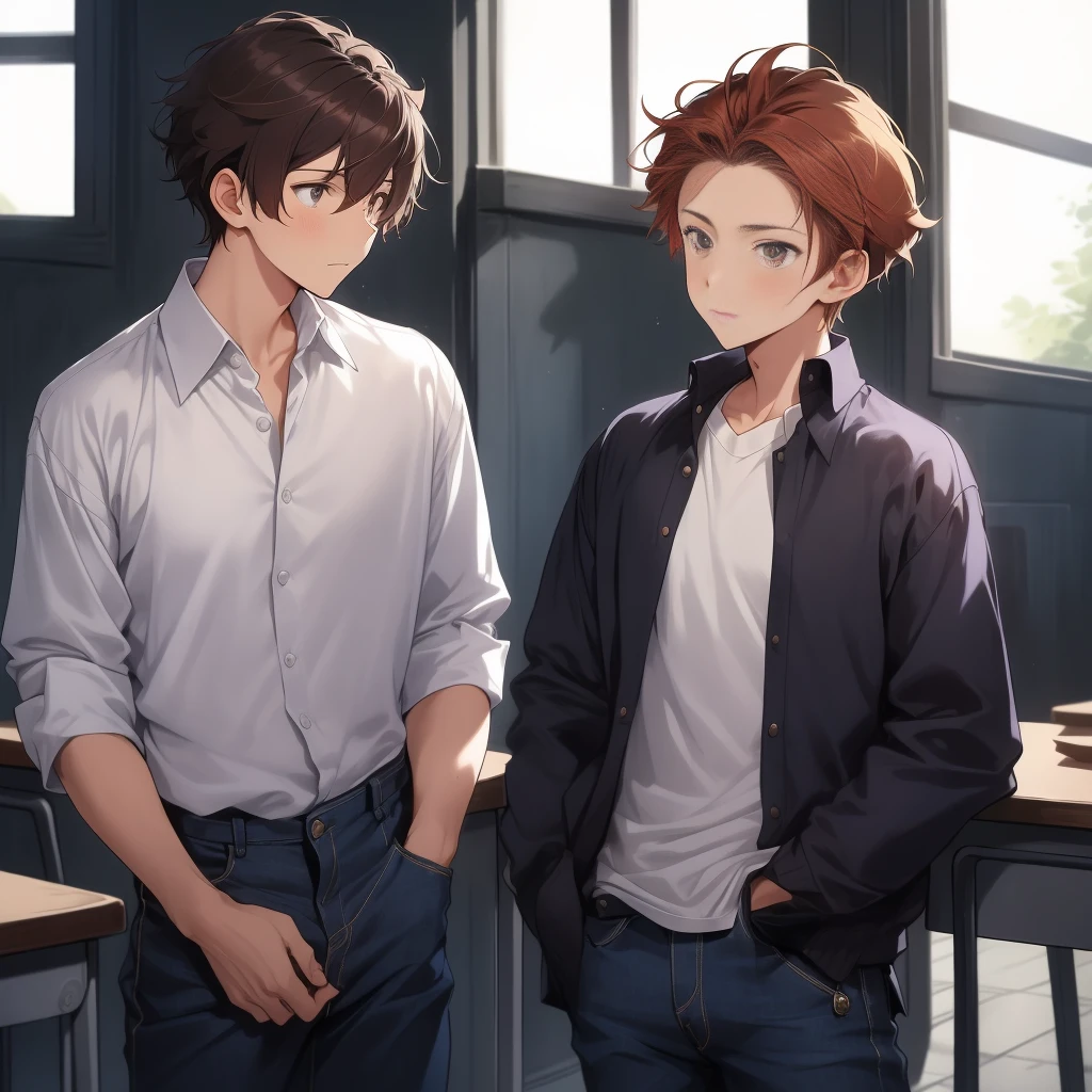 (artistry, best qualityer, ultradetailed, high resolution, 4K),(beautiful detailed eyes),(very highly detailed face),HDR, A beautiful 16 year old boy, brown colored hair, brown colored eyes, wearing a white short-sleeved shirt with a blue collar and blue jeans, He is talking to his friend A 16 year old red haired boy, wearing a white short-sleeved shirt with a blue collar and blue jeans, He is in class telling a story to his best friend......