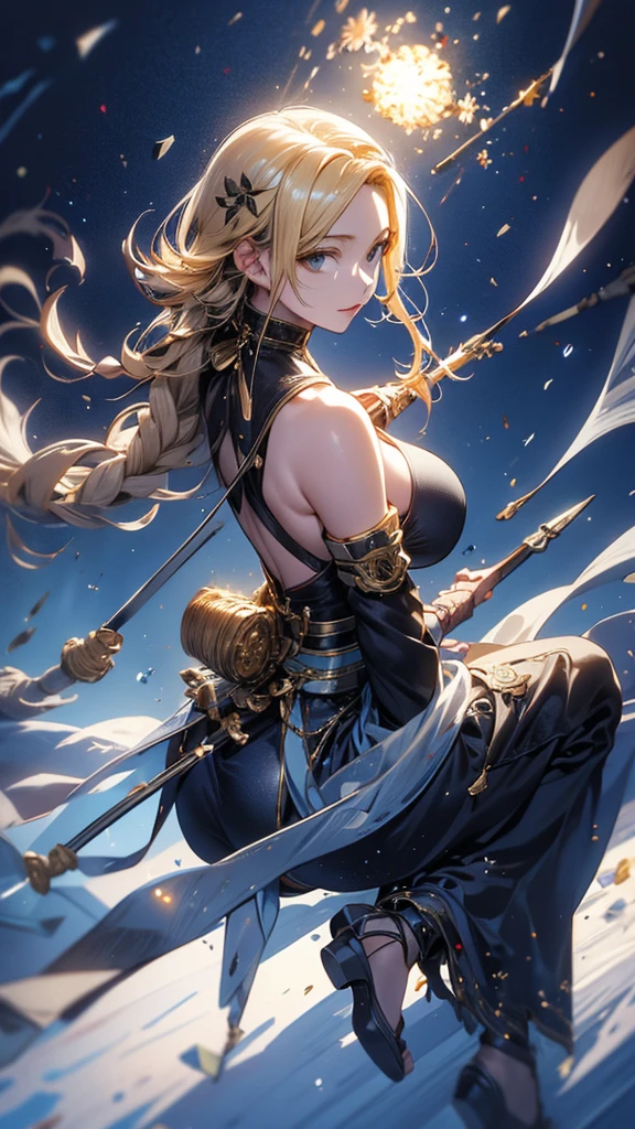 masterpiece, high quality, 4K, Beautiful design, silhouette,blonde, 非常に詳細な夜のStarry Sky,Cold ice world, wonderful, Finer details, Very knowledgeable woman, Highly detailed solo, 1 female,Big Breasts,Butt Emphasis,High-neck dress,Sleeveless,Night view,Starry Sky,full moon,How to sit,firework,