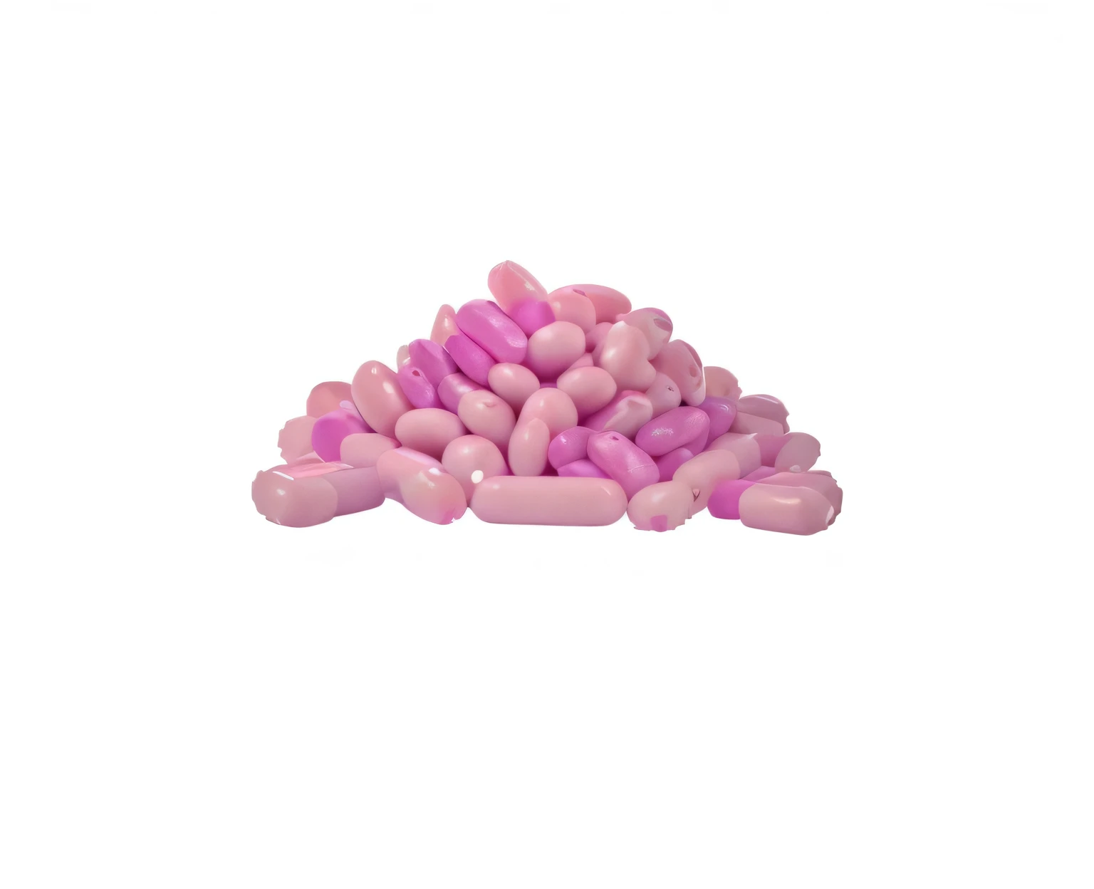 A pile of pink pills on a white background, 2 d, 2D, membrane, kidney, soft opalescent membranes, Uneven skin, Pink slime everywhere, Rendering, beans, Jelly-like texture, digital Rendering, sausage, soft tongue, pork, kidneys, 4 days, 4 d, sausages, full image