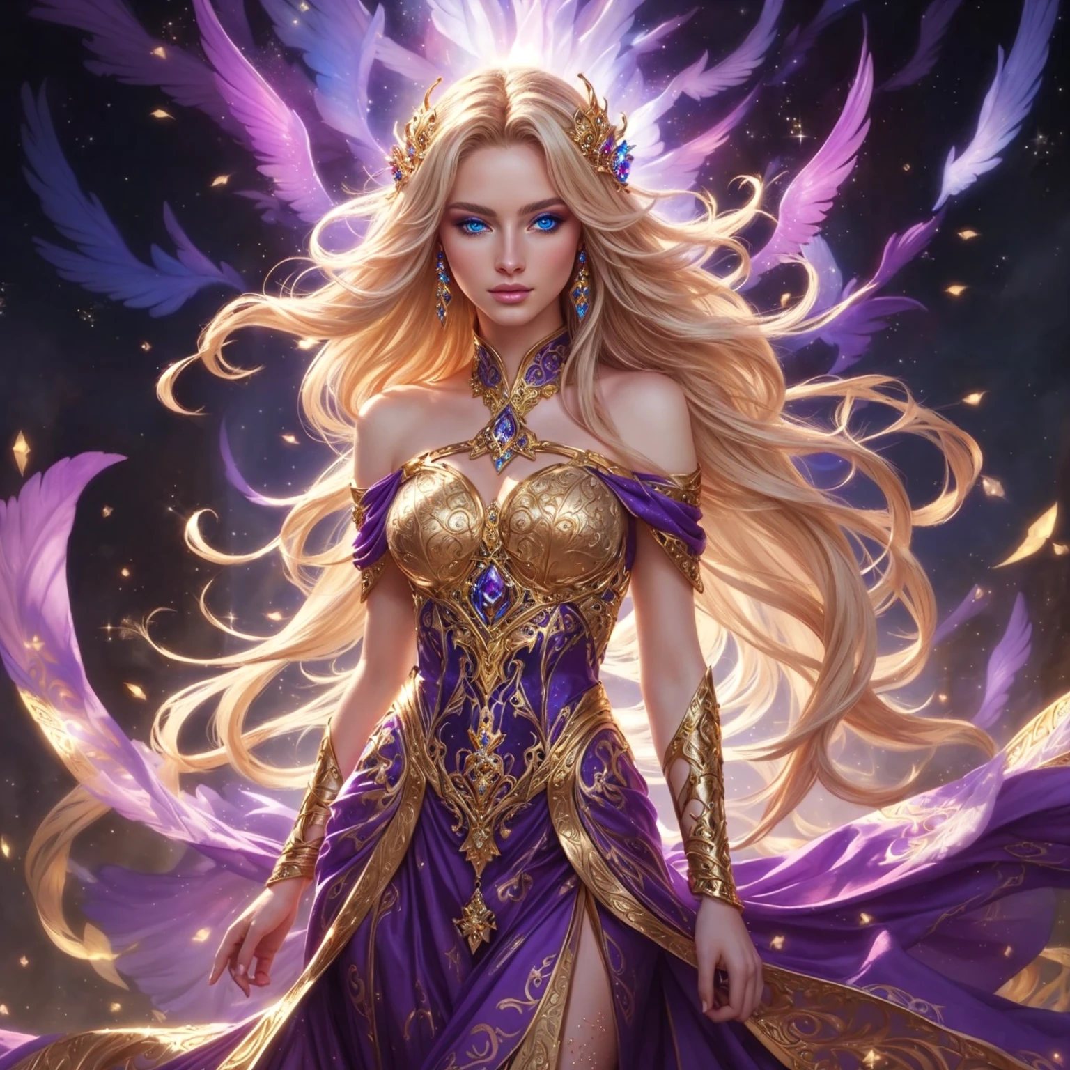 Supermodel woman, beautiful goddess in a beautiful white and gold dress. , Fantasy art style, ((Beautiful Fantasy Empress)), Detailed fantasy art, Beautiful Fantasy Empress, epic , beautiful heavenly mage, Ethereal fantasy, beautiful and elegant queen , gorgeous blue eyes , Gorgeous colorful diamonds