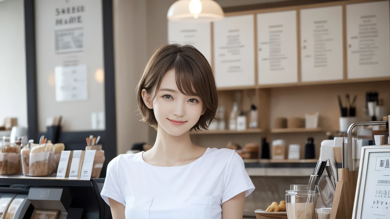 super high quality, Fashion Model, smile, Slenderのネックレス, Slender, The staff is working at the counter in the back., (8k、RAW Photos、Highest quality、masterpiece:1.2), (Realistic、Photorealistic:1.37), Beautiful Face , Urban Cafe, Golden Ratio, Raw photo, Light Brown Hair, Small breasts, Bright cafe interior, Blurred Background, Summer clothes, Cafe Terrace, Open Cafe, Photographed inside the cafe, Hair blowing in the wind, Neat clothes, T-Shirts, Very Short Hair, 18-year-old, Cool older sister, beautiful girl,