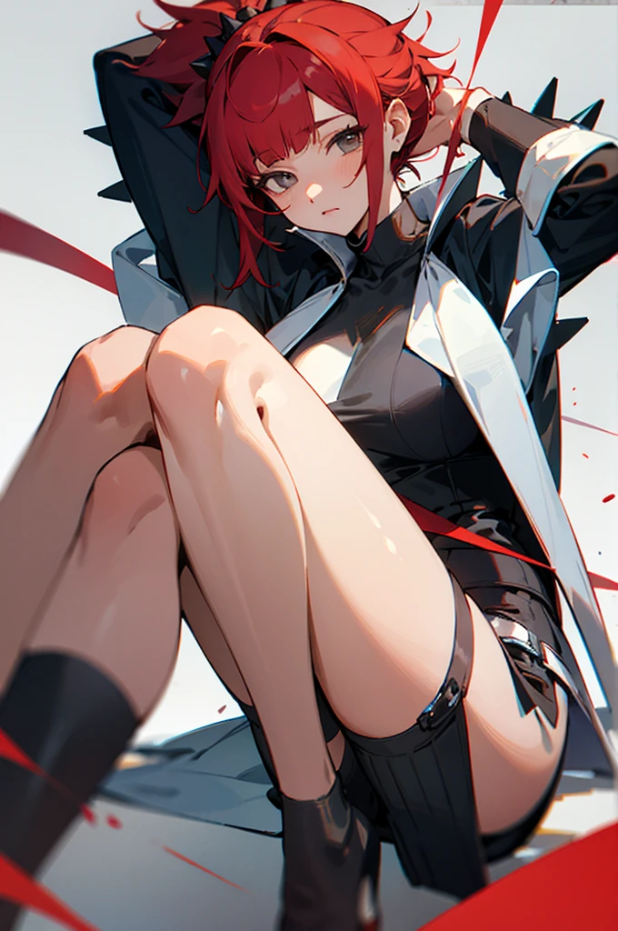 high detail,masterpiece, 4K, best quality, visible up to the knees, reply, red hair, ponytail, spiky bangs, female, gray eyes, Simple neck-length black clothes