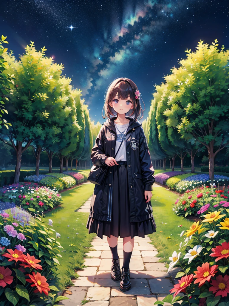 Highest quality, expensive_solve, clear_image, Detailed Background, girl, flower, garden, Starry Sky,Diagonal bangs, 18-year-old