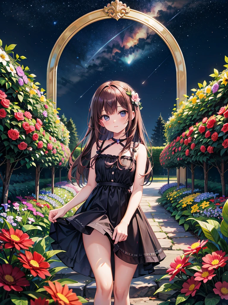 Highest quality, expensive_solve, clear_image, Detailed Background, girl, flower, garden, Starry Sky,Diagonal bangs, 18-year-old