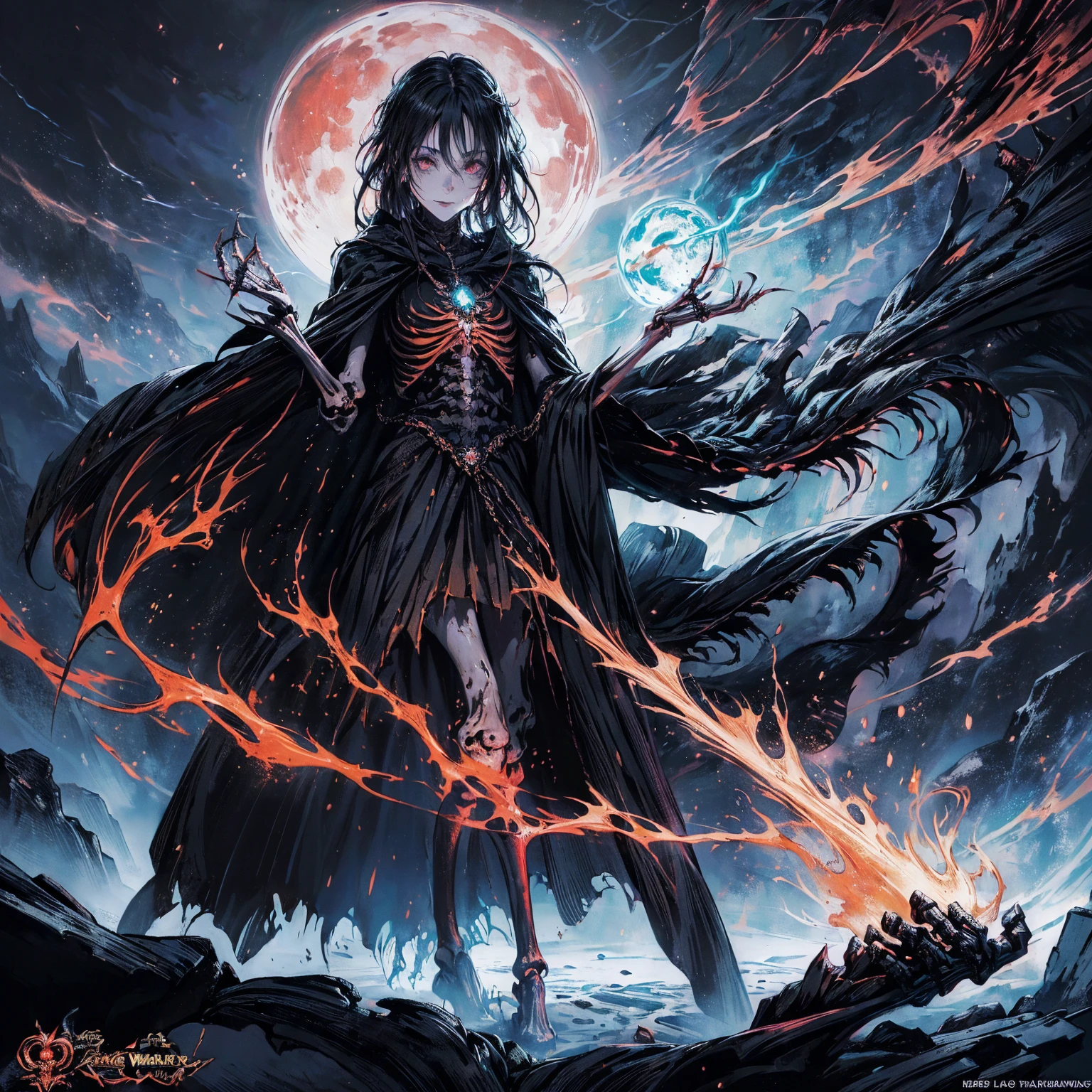 (full body shot:1.5), (Wide-angle lens:1.2), (black hair:1.5), best quality, 4K, high resolution, (masterpiece:1.2), Very detailed, (current:1.37), (Anatomically correct:1.2), Mood lighting, Undead girl in a long cloak, (Torso and limb is skeleton bone but head is still beautiful human face:1.2), Wearing a tattered gothic skirt, A sense of alienation, Dangerous sneer, Smiling and crying, Dark Force (StarWar), Force lightning radiates from fingertips, Facing the camera, Pitch black sky, Blood red moon, strange atmosphere, Gothic style, Unforgettable beauty, Dramatic shadows, Ethereal Light, Mysterious atmosphere, Resurrection from the grave, The Black Magic, Dead, Anime characters with black hair, Detailed cover design, Anime epic artwork, detailed key anime art, Be focused, dark fantasy artwork, Anime Fantasy Artwork, Official artwork with high detail, Dark Witch Panorama, Lich Vecna (d&d)