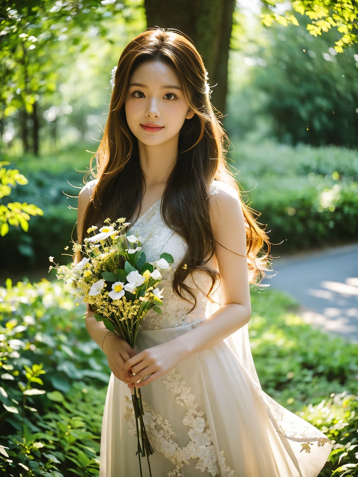 A stunning portrait of a beautiful young woman with long, wavy brown hair and clear blue eyes, wearing a flowing white dress with intricate lace details. She is walking gracefully through a lush green park during the golden hour, with warm sunlight filtering through the trees, casting a soft, golden glow on her face and creating intricate shadows on the ground. The background is filled with vibrant flowers and greenery, slightly blurred to enhance the focus on her. Gentle rays of sunlight pierce through the foliage, creating dappled light effects on her dress and the surrounding environment. The scene has a natural bokeh effect, with light particles floating in the air, adding a magical touch. Her smile is gentle and serene as she glances to the side, holding a small bouquet of wildflowers. The lighting is natural and soft, highlighting her features and adding depth to the image, making it appear almost photorealistic.