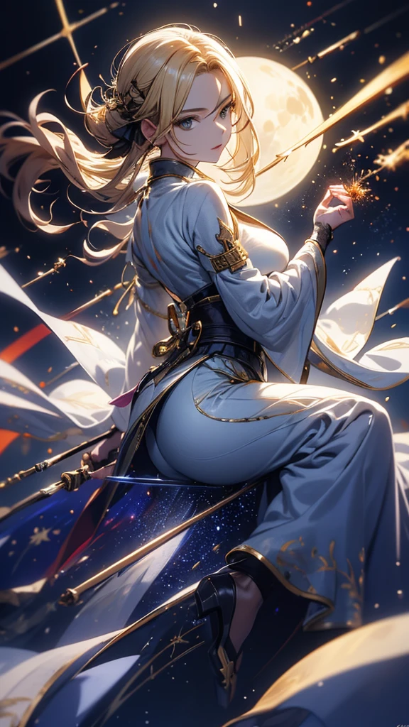 masterpiece, high quality, 4K, Beautiful design, silhouette，blonde， 非常に詳細な夜のStarry Sky,Cold ice world， wonderful, Finer details,  Very knowledgeable woman, Highly detailed solo, 1 female,Big Breasts，Butt Emphasis，High-neck dress，No sleeve，Night view，Starry Sky，full moon，How to sit，firework，