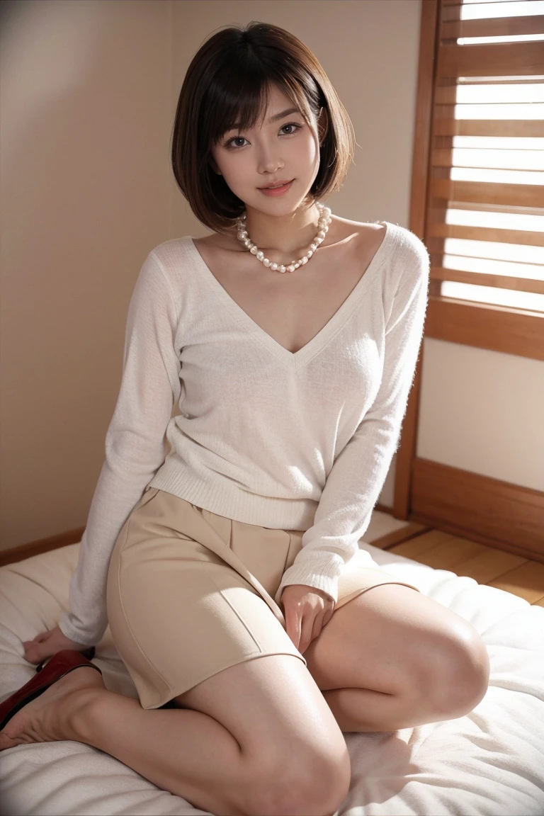 (RAW Photos:1.2), (Realistic:1.4),Beautiful detailed woman,非常にBeautiful Eyesと顔, Beautiful Eyes, Very detailedな,High resolution, Very detailed,Highest quality,Unified,8k wallpaper,masterpiece,Highest quality,1 female,alone,rich,Whole Body Ezbian,Tight waist,alone,(Beige knit blouse,skirt,High heels),Pearl Necklace、Pearl Earrings、 Bobcut,smile,Open your mouth ,Realistic,Flower Field
