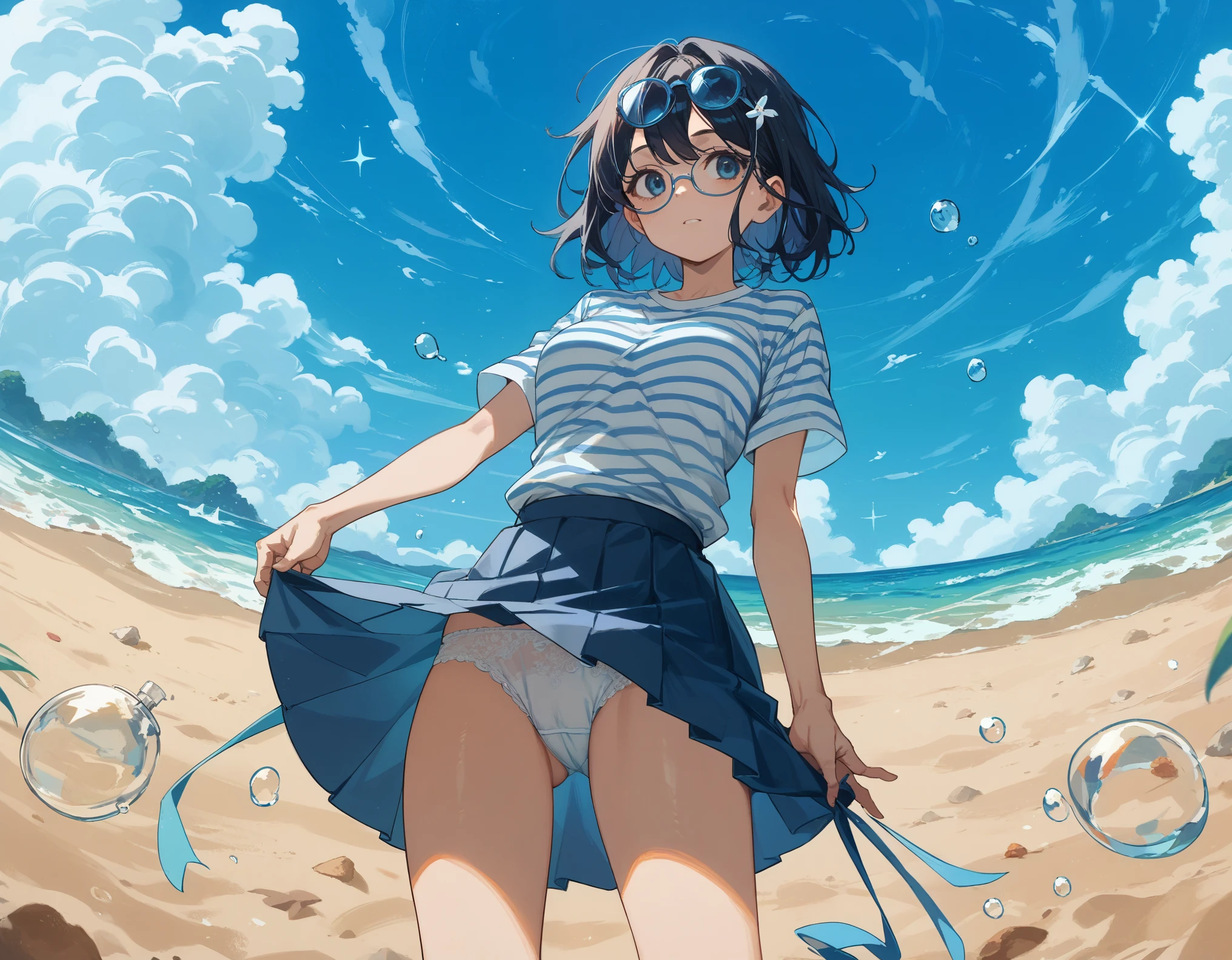  sticking to the shirt、Her breasts are visible through her blue and white striped shirt、Blue flared skirt、She lifts her skirt to reveal her cute white lace underwear、Girl with long black hair and glasses、whole body、Sandy beach and blue sky