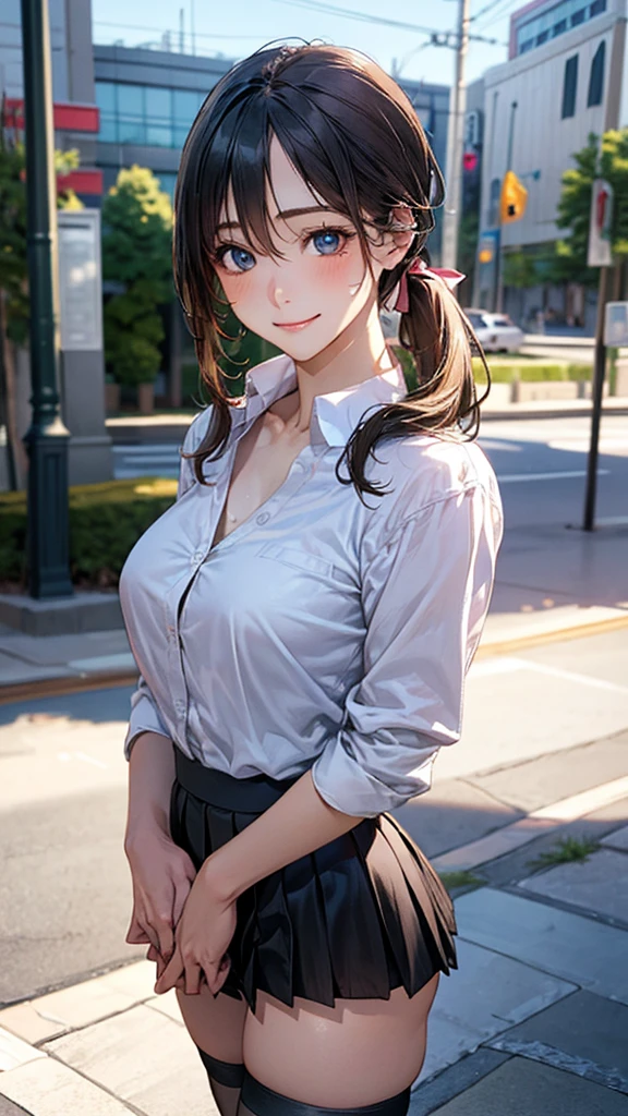 (masterpiece:1.2, top-quality), (realistic, photorealistic:1.4), beautiful illustration, (natural side lighting, movie lighting),
looking at viewer, cowboy shot, front view:0.6, 1 girl, japanese, high school girl, perfect face, cute and symmetrical face, shiny skin,
(long hair:1.8, side ponytail:1.7, light blond hair), parted bangs, emerald green eyes, long eye lasher, (large breasts:0.9, thick thighs),
beautiful hair, beautiful face, beautiful detailed eyes, beautiful clavicle, beautiful body, beautiful chest, beautiful thigh, beautiful legs, beautiful fingers,
((white collared shirts, open shirts, sleeves rolled up, violet pleated mini skirt, black socks, brown loafers, ), black and purple bra and panties, cardigan around waist), hoop ring earrings,
(beautiful scenery), evening, riverside, walking, hands on chest, (lovely smile, upper eyes),