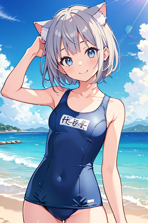 one-piece swimsuit, Ocean, ((One girl)), (happiness:1.3), (Model pose), Medium chest, (Cat ear), Gray Hair, Bobcut, School Swimsuit, Bib number, clear, Daytime, Outdoor, (Cowboy shot from the front), ((Highest quality)), ((masterpiece)), (detailed), 4K, Perfect Face, Perfect Arms, Perfect hands, Perfect Fingers, anime, Ultra-fine illustration,