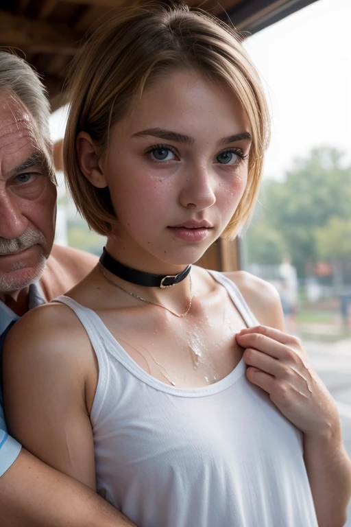 (Masterpiece), ((Top Quality)), ((Ultra High Resolution)), Good Composition, (Ultra Detail), Beautiful Art, 19 yo blonde girl . Full lips. Eyes wide. ((Very short hair)), well-trained body, ((sweaty skin)), choker, (wet body) , (((girls' high school uniform))),(((Two-shot photo with uncle))) ,(((with men))) , (((There is a man behind))) ,(((The old man touches my shoulder,)))) , (() ,(((with a man)))), Indoor shooting