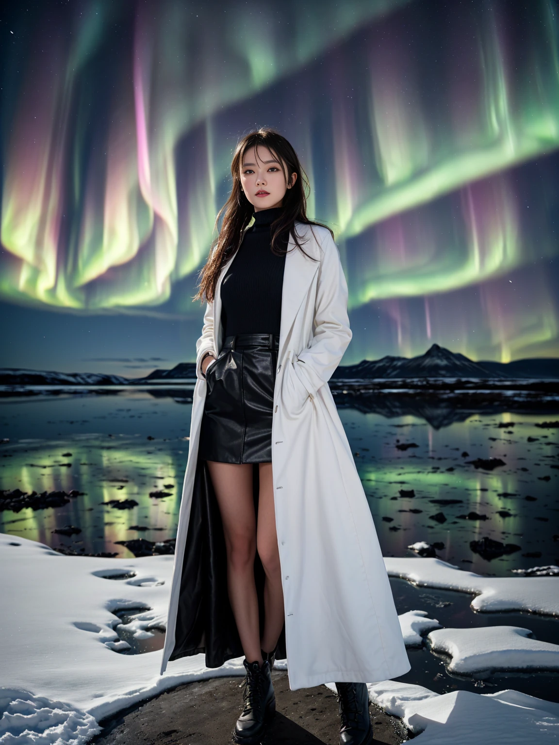 Araped image of a woman wearing a white coat and black skirt standing on the snow, with Aurora borealis in the sky, Iceland photography, Trending in popularity 5 0 0 px, 500px trend, Aurora borealis on background, Iceland astrophotography, luxury fashion photo shoot, Unsplash contest winning photo, Full portrait of a Nordic woman, Aurora, Iceland