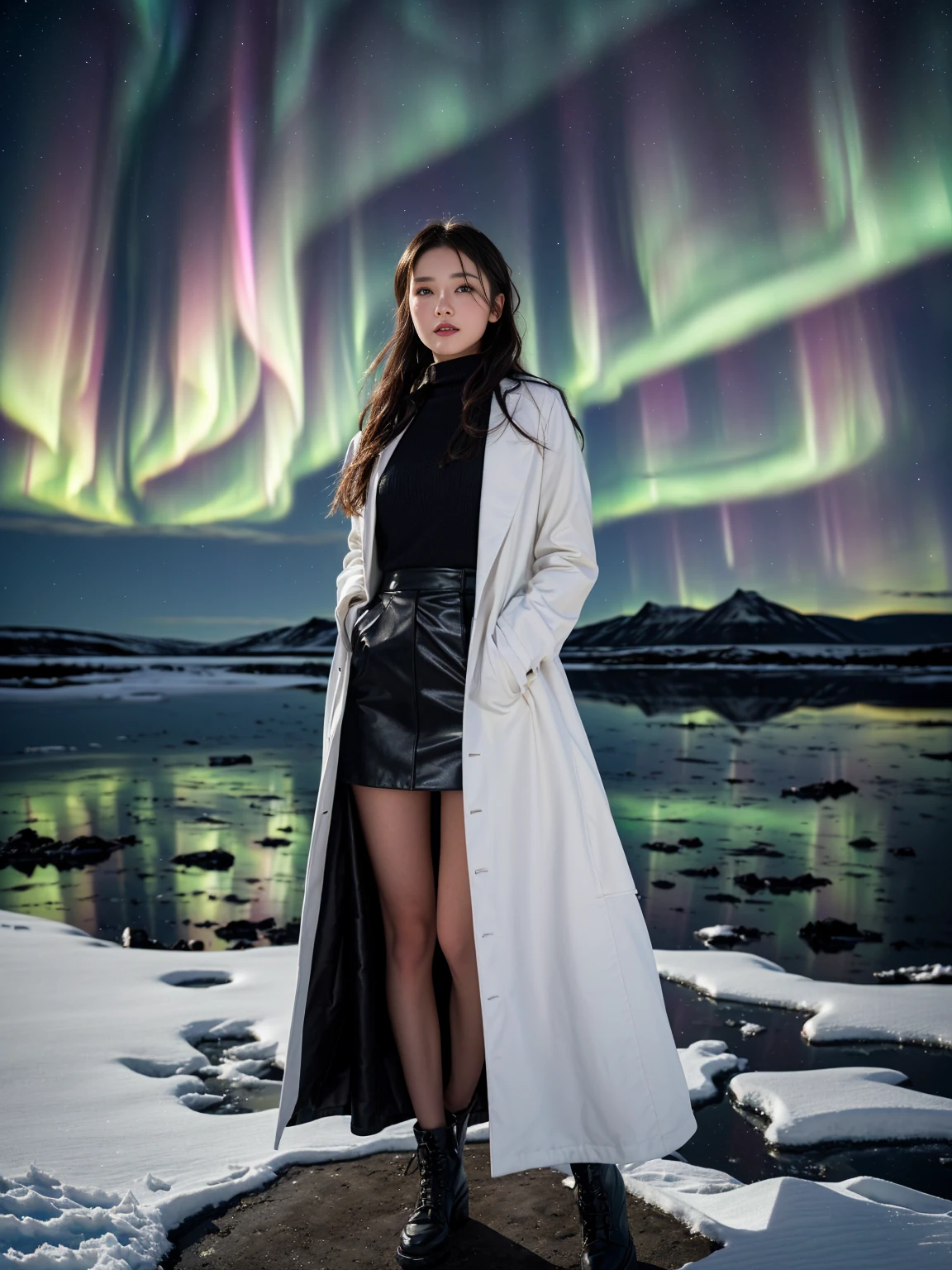 Araped image of a woman wearing a white coat and black skirt standing on the snow, with Aurora borealis in the sky, Iceland photography, Trending in popularity 5 0 0 px, 500px trend, Aurora borealis on background, Iceland astrophotography, luxury fashion photo shoot, Unsplash contest winning photo, Full portrait of a Nordic woman, Aurora, Iceland