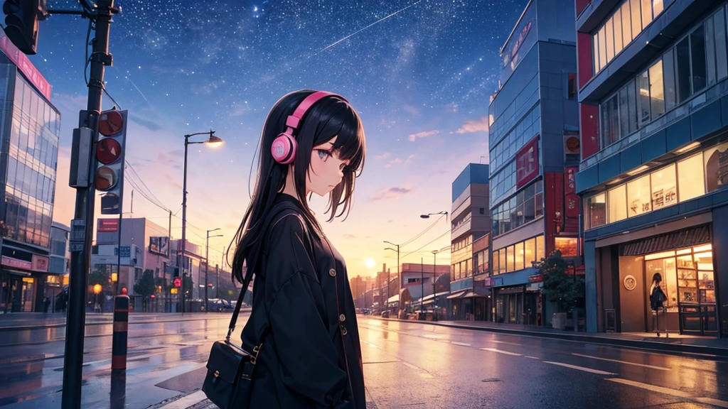 Where you can see the zoo。A young girl with black hair wearing stylish clothes and headphones labeled "lo-fi" The girl is shown in profile, gazing into the distance with a calm, relaxed expression Background depicts the iconic scenery of Namba, Osaka at night, without any text on signs A starry night sky adding to the peaceful atmosphere Overall mood is quiet and serene, perfect for lo-fi music Detailed hair rendering and careful attention to the girl's fashionable outfit The entire scene should evoke a relaxing, introspective feeling associated with lo-fi music