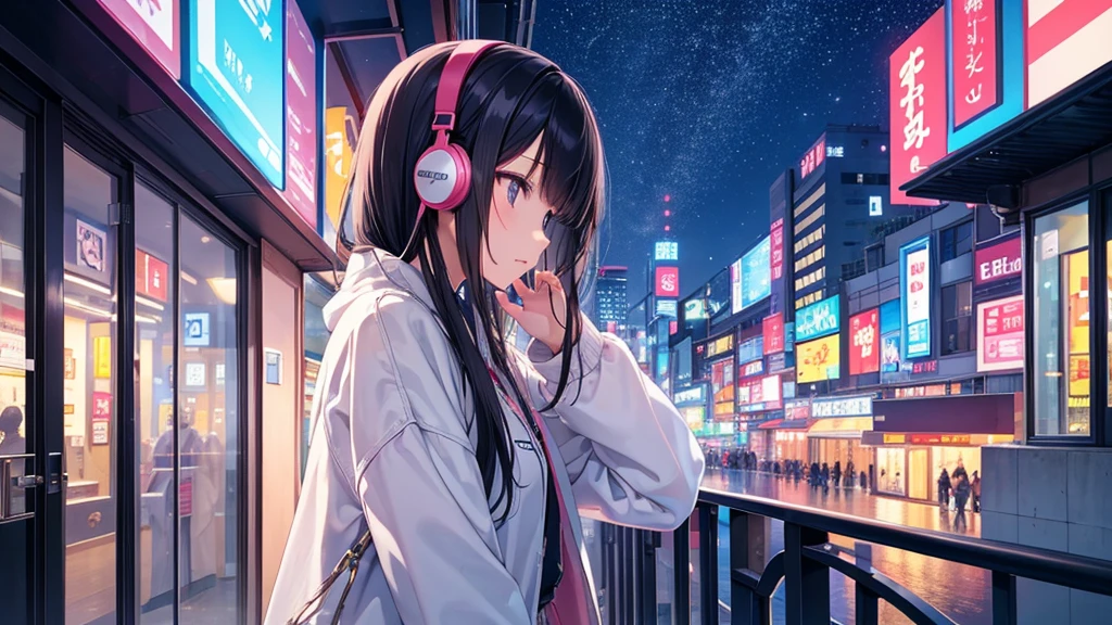 Where you can see the zoo。A young girl with black hair wearing stylish clothes and headphones labeled "lo-fi" The girl is shown in profile, gazing into the distance with a calm, relaxed expression Background depicts the iconic scenery of Namba, Osaka at night, without any text on signs A starry night sky adding to the peaceful atmosphere Overall mood is quiet and serene, perfect for lo-fi music Detailed hair rendering and careful attention to the girl's fashionable outfit The entire scene should evoke a relaxing, introspective feeling associated with lo-fi music