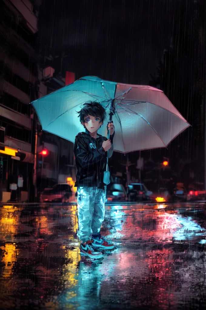 A young boy holding an umbrella on a rainy day, neon rainy cyberpunk setting, at night during rain, raining portrait, it is raining, it is night and raining, it is raining heavily, next gen, neon rain, holding umbrella, raining award winning photo, hero pose colorful city lighting, in a rainy environment, dark glowing rain, single person with umbrella