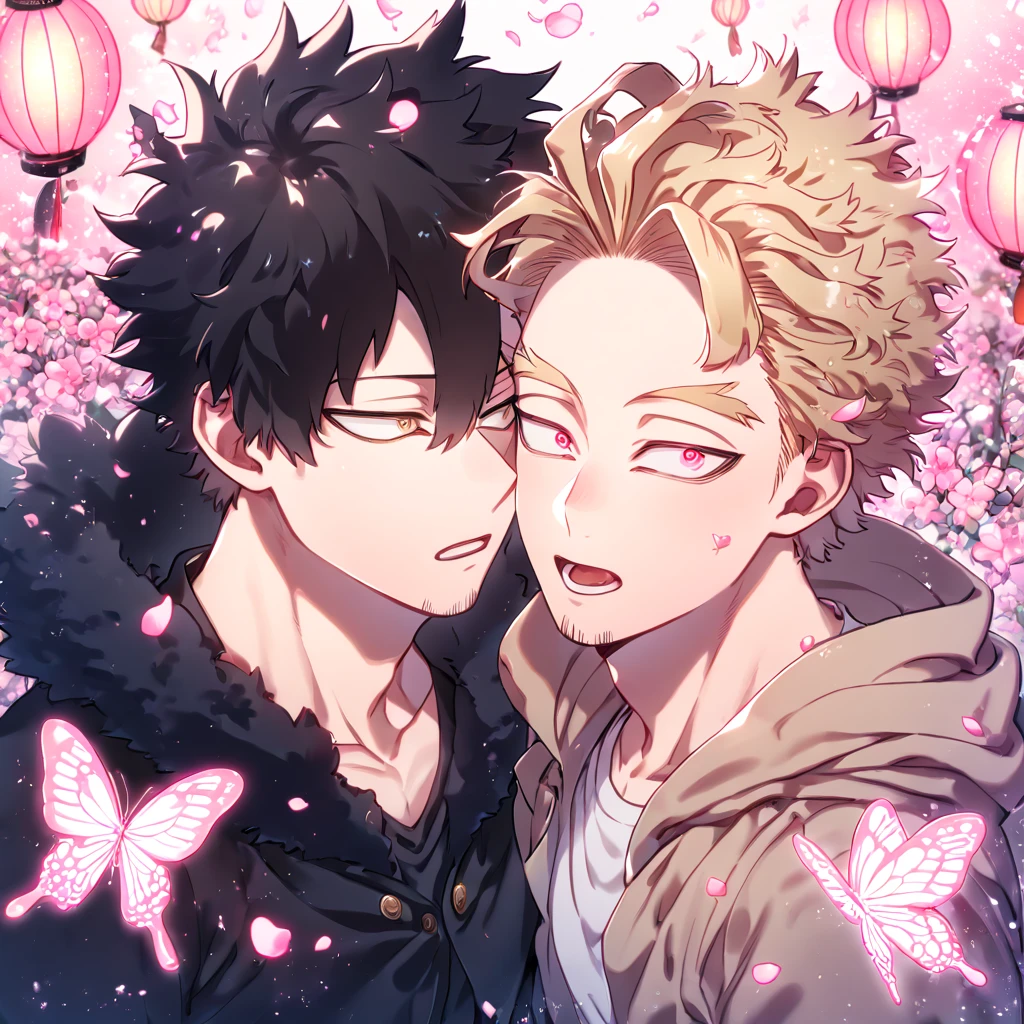 absurd resolution, high resolution, ultra detailed, detailed eyes, delicated features, extremely detailed, HDR, 8K, Hawks, ash-blonde hair, expressive golden eyes, Boku No Hero Academia, Megumi, black hair, messy hair, expressive red eyes, two sexy men together, yaoi, gay couple, handsome, brown coat with fur, black coat, fantasy, cool, magical, pink glittering butterflies, pink dust flying around, pink flowers, pink petals, pink lanterns, pink blossoms