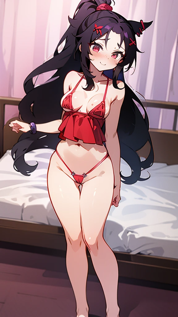 High tail hairstyle, Ponytail hairstyle, Long wavy black hair, standing posing, anime girl style, pixel art anime style,penetrating look with deep eyes,red and purple eyes, hair with a ponytail hairstyle trapped with a big red bun, women, red hair clips, x color shaped hair clips , smiling face blush, next to his bed, lingerie, tank top, Black hair, big thighs, body, NSFW 