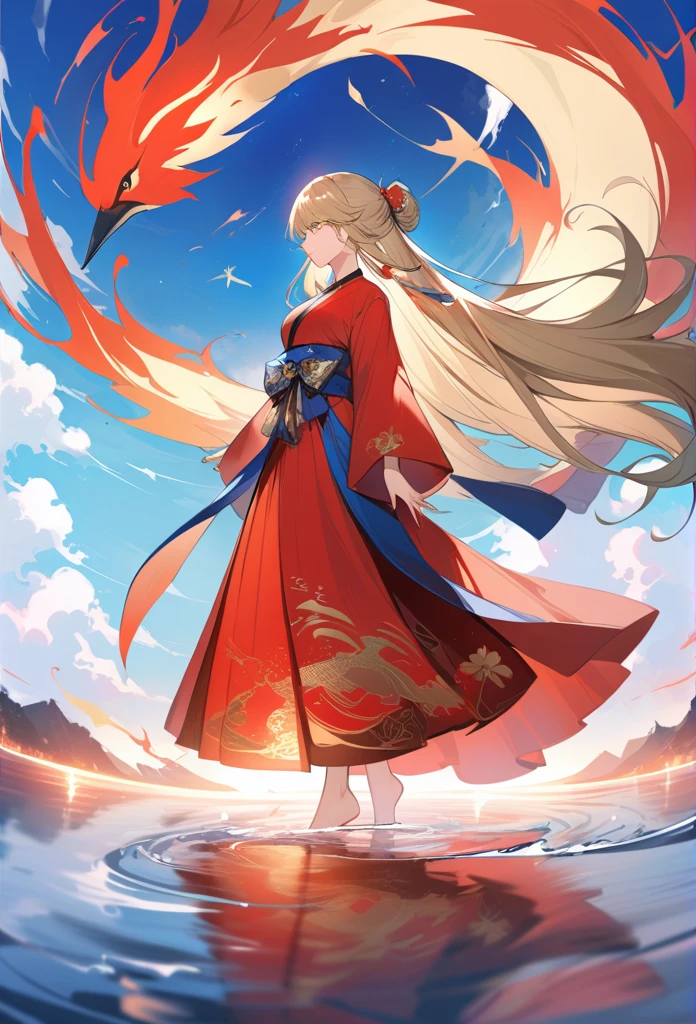 A beautiful Chinese girl standing on the water, Hazy reflection, A huge phoenix bird in the sky, magic, fantasy, Dynamic poses, Made of colorful flames, Delicate face, Exquisite eyes, Black and Blonde Long Hair, Wearing amber and sky blue Hanfu, Exquisite and complex patterns, Ink Painting, Hot stamping, Epic creation, Soft shadows, Sharp focus,