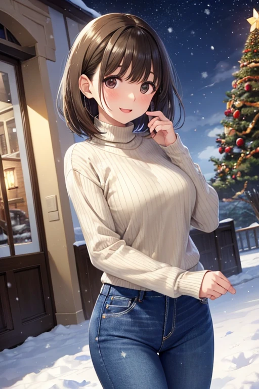 anegasaki nene、Shiny brown hair, short hair, (Beautiful brown eyes、Sparkling eyes, Fine grain)、smile、Ultra-detailed eyes、Very detailed顔, Very detailed目,
Highest quality, (masterpiece:1.2), Very detailed, snow, city, Christmas tree, snowing,
One girl, alone, ,
View your viewers, smile, From an angle, Open your mouth,
ear, jeans, sweater, turtleneck, ribbed sweater, beige sweater