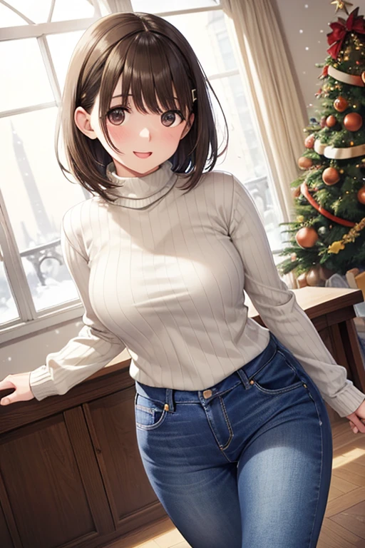 anegasaki nene、Shiny brown hair, short hair, (Beautiful brown eyes、Sparkling eyes, Fine grain)、smile、Ultra-detailed eyes、Very detailed顔, Very detailed目,
Highest quality, (masterpiece:1.2), Very detailed, snow, city, Christmas tree, snowing,
One girl, alone, ,
View your viewers, smile, From an angle, Open your mouth,
ear, jeans, sweater, turtleneck, ribbed sweater, beige sweater