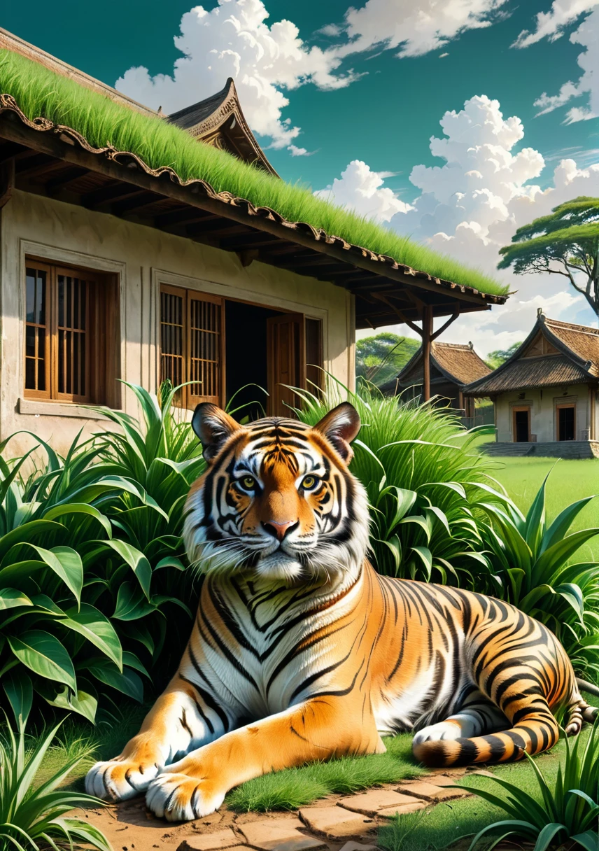 A tiger lying down grass land in front of an old mud-walled house、tiger staring at you、Brown tabby with eight split patterns、Under the green leaves、White clouds on a clear sky、High color reproducibility、Attention to detail