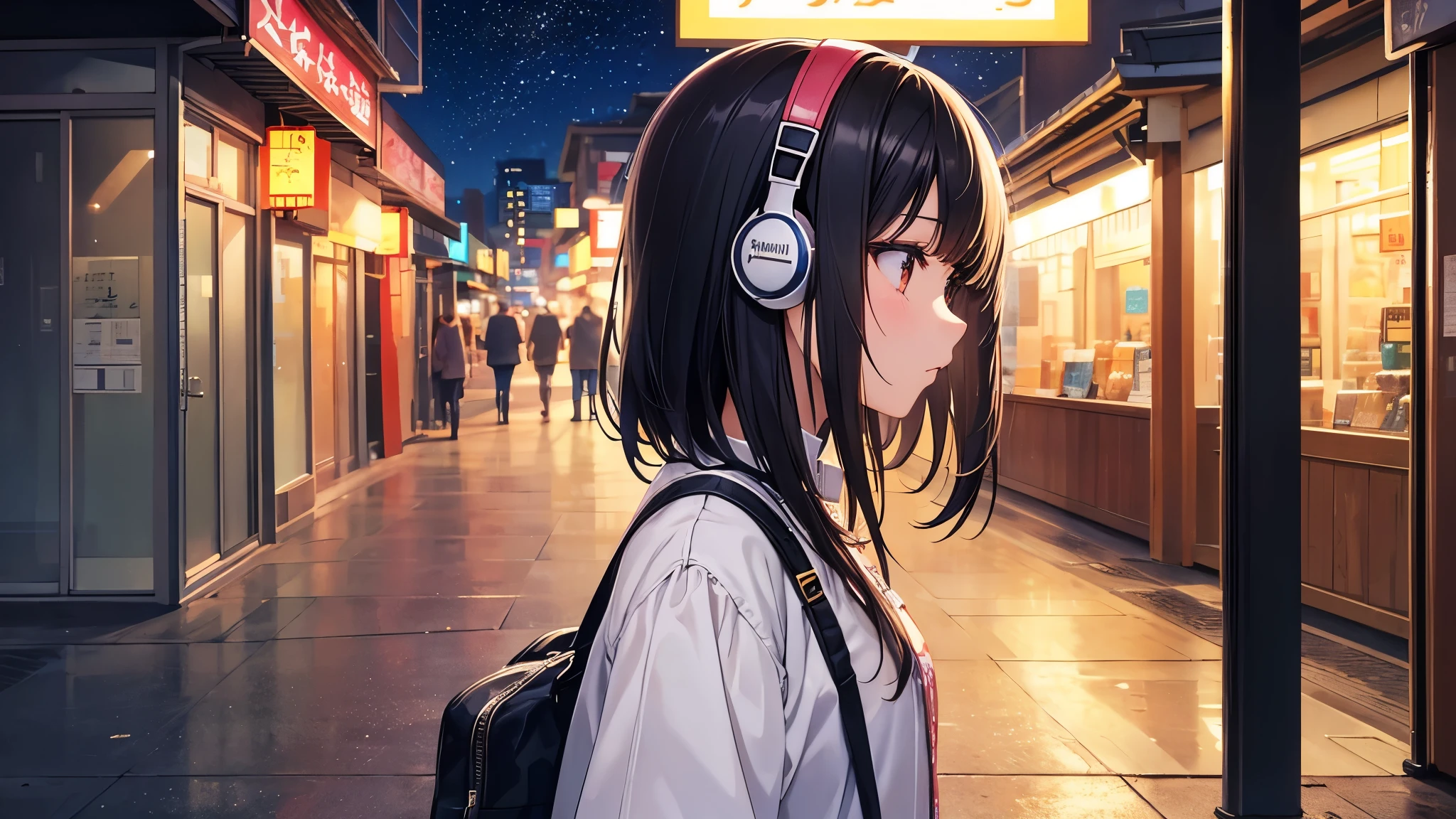 Where you can see the zoo。A young girl with black hair wearing stylish clothes and headphones labeled "lo-fi" The girl is shown in profile, gazing into the distance with a calm, relaxed expression Background depicts the iconic scenery of Namba, Osaka at night, without any text on signs A starry night sky adding to the peaceful atmosphere Overall mood is quiet and serene, perfect for lo-fi music Detailed hair rendering and careful attention to the girl's fashionable outfit The entire scene should evoke a relaxing, introspective feeling associated with lo-fi music