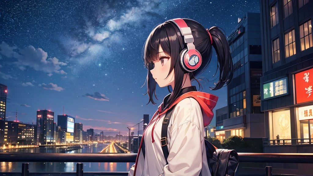 A place where you can see Tennoji Zoo。A young girl with black hair wearing stylish clothes and headphones labeled "lo-fi" The girl is shown in profile, gazing into the distance with a calm, relaxed expression Background depicts the iconic scenery of Namba, Osaka at night, without any text on signs A starry night sky adding to the peaceful atmosphere Overall mood is quiet and serene, perfect for lo-fi music Detailed hair rendering and careful attention to the girl's fashionable outfit The entire scene should evoke a relaxing, introspective feeling associated with lo-fi music