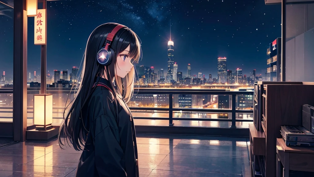 A place where you can see Tennoji Zoo。A young girl with black hair wearing stylish clothes and headphones labeled "lo-fi" The girl is shown in profile, gazing into the distance with a calm, relaxed expression Background depicts the iconic scenery of Namba, Osaka at night, without any text on signs A starry night sky adding to the peaceful atmosphere Overall mood is quiet and serene, perfect for lo-fi music Detailed hair rendering and careful attention to the girl's fashionable outfit The entire scene should evoke a relaxing, introspective feeling associated with lo-fi music
