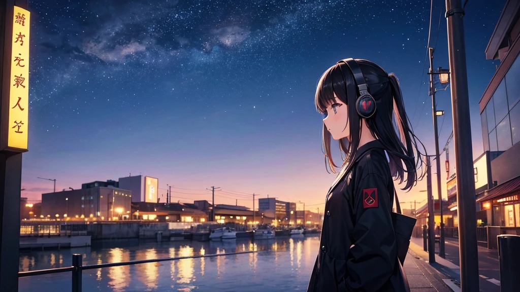 A place where you can see Tennoji Zoo。A young girl with black hair wearing stylish clothes and headphones labeled "lo-fi" The girl is shown in profile, gazing into the distance with a calm, relaxed expression Background depicts the iconic scenery of Namba, Osaka at night, without any text on signs A starry night sky adding to the peaceful atmosphere Overall mood is quiet and serene, perfect for lo-fi music Detailed hair rendering and careful attention to the girl's fashionable outfit The entire scene should evoke a relaxing, introspective feeling associated with lo-fi music