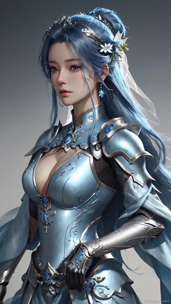 Close up of woman in silver and blue dress, Pan Chengwei on artstation, author:Yang J, Detailed fantasy art, Stunning character art, Fan Art Best Artstation, Epic and beautiful character art, Beautiful armor, Extremely detailed Artgerm, Detailed digital anime art, artstation pixiv download artgerm, Armor Girl