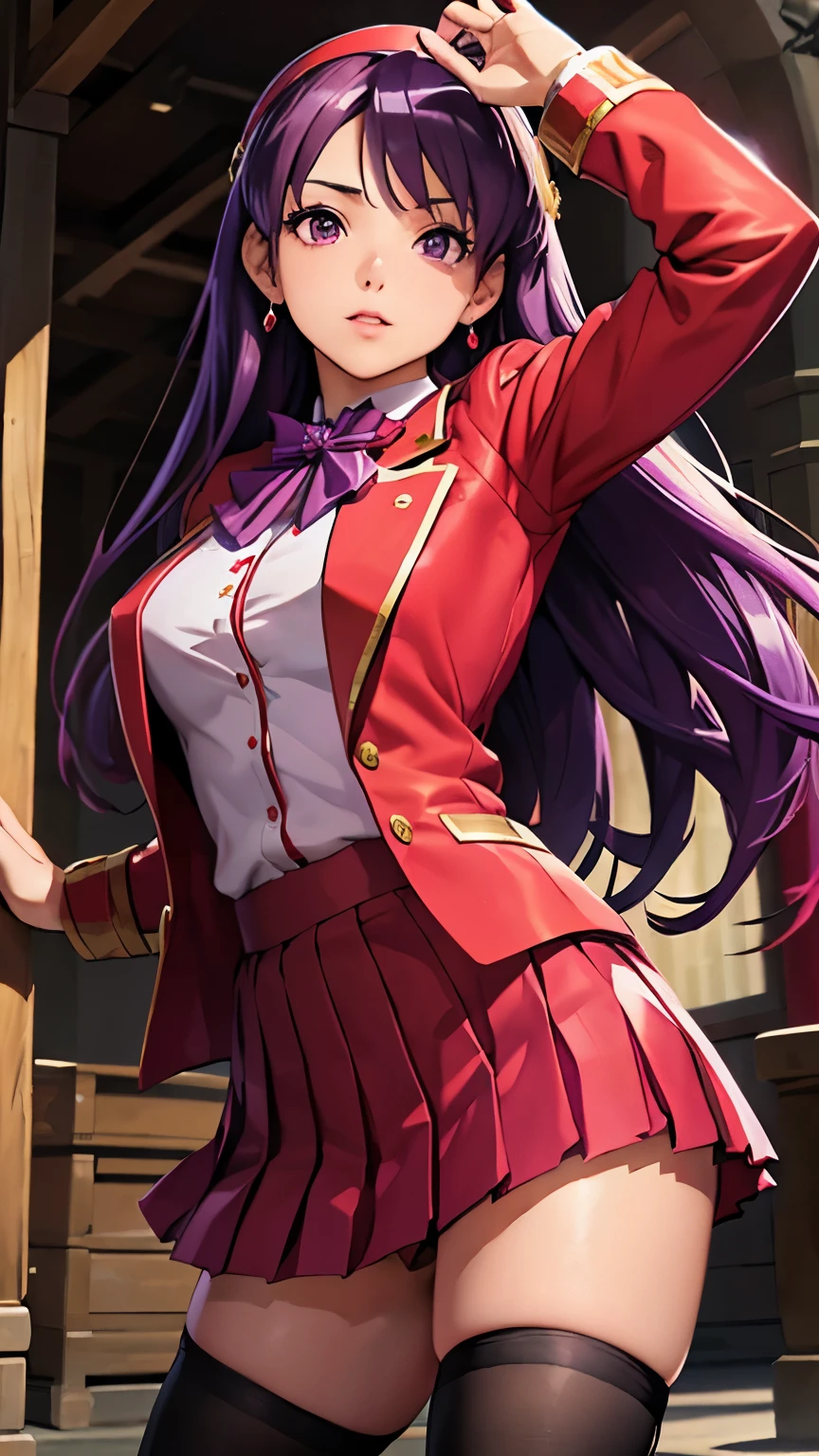 Athena Asamiya,((Beautiful purple long hair,Red headband)),(8k,Realistic,RAW Photos,Highest quality:1.5),Beautiful Face,Realistic lips,Beautiful and detailed hair,Charm,Intricate details,Beautifully detailed eyes,A soft smile,Healing facial expressions,(Red Blazer Uniform,Pleated mini skirt,Black Tin High Stockings:1.5),Intricate details,Supermodel,(Full Shot:1.2),Panty shot,Detailed Pixels