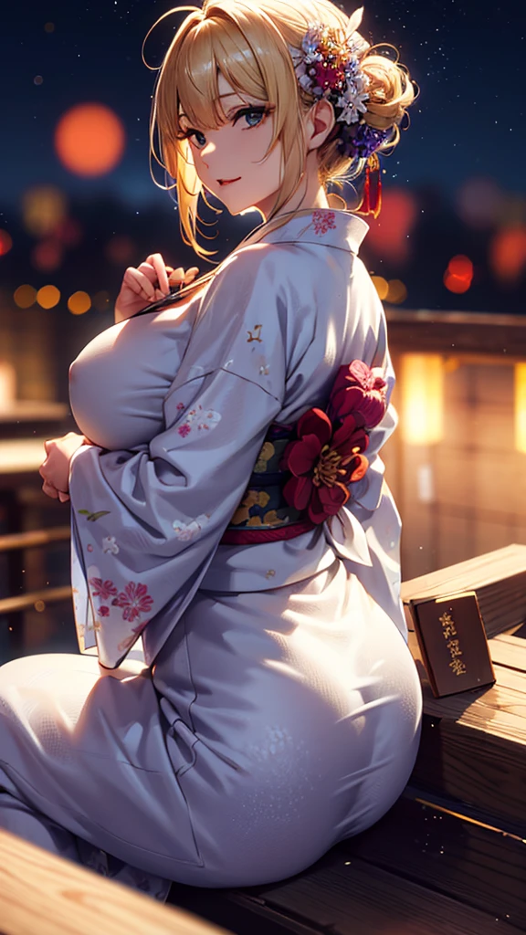 masterpiece, high quality, 4K, Beautiful design, blonde, 非常に詳細な夜のStarry Sky,Summer festival, wonderful, Finer details, Very knowledgeable woman, Highly detailed solo, 1 female,Big Breasts,Stall,Butt Emphasis,Yukata in white color,Night view,Starry Sky,How to sit,firework,