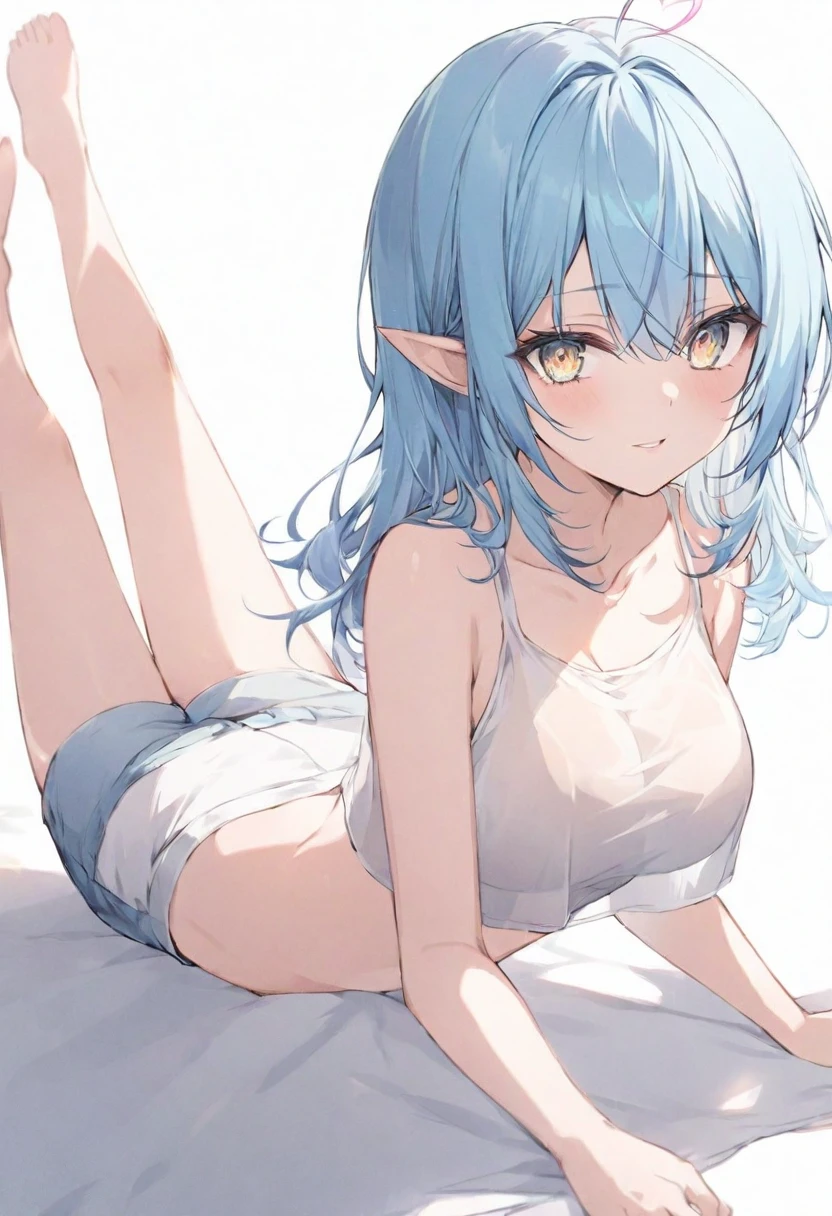 loli blow urine out from crotch to the front, blue hair, elf, dark orange eyes, happy expression, in the forest, naked