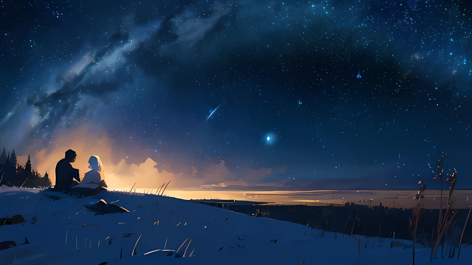 a night scene of two young men lying on a grassy field, gazing up at the starry sky, detailed facial features, beautiful night sky with glowing stars, serene atmosphere,landscape,dramatic shadows,