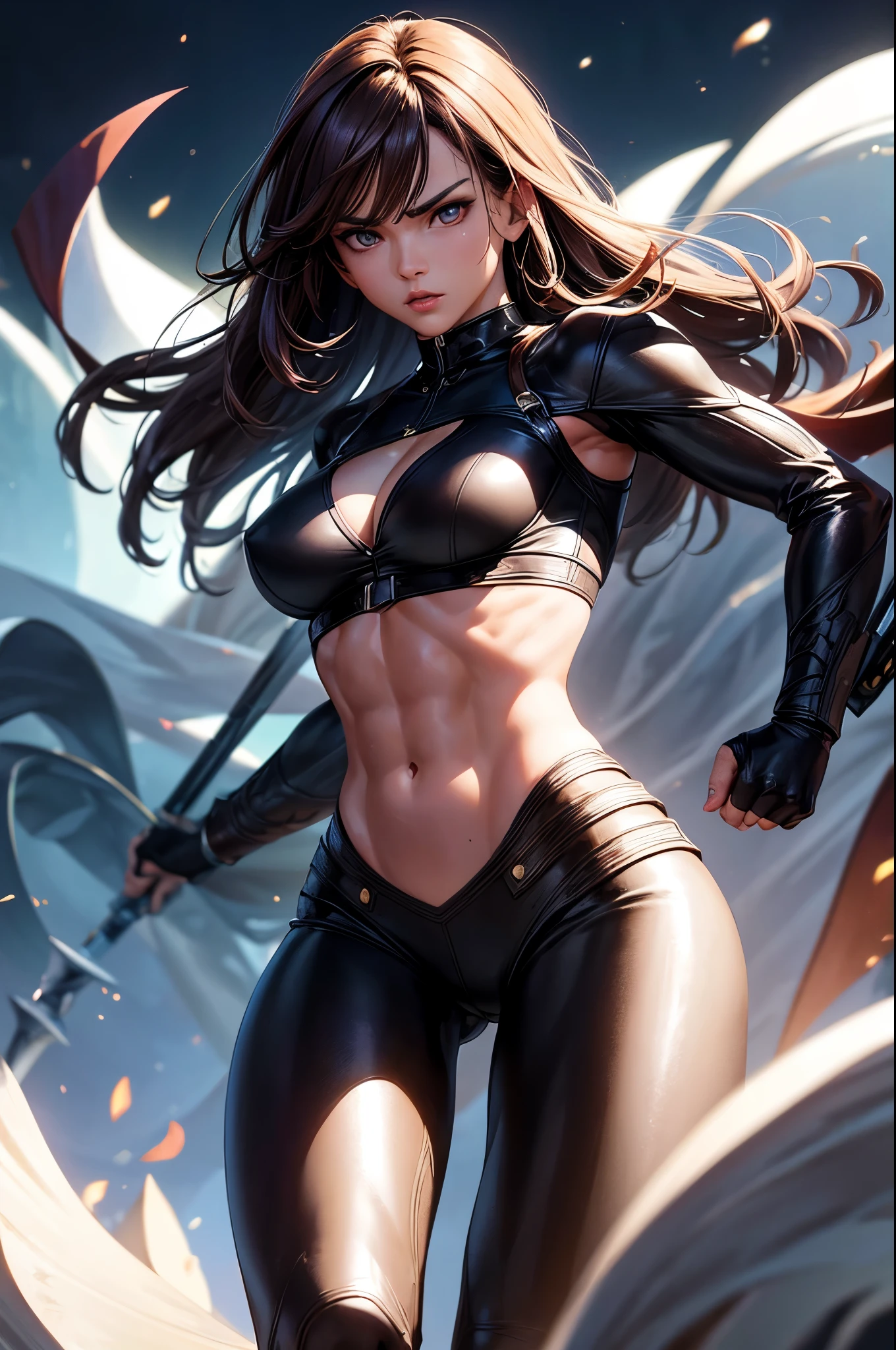 8k,Brown-haired ethnic female demon slayer,Super Beauty(Like the real thing),Sexy Demon Slayer Costumes,Toned Up, Muscular body,Perfect Anatomy,charm,Volume measurement,Body balance,Digital single-lens reflex camera, Soft lighting, Detailed Background, Written boundary depth, Volumetric lighting, Sharp focus,  Realistic proportions, Excellent anatomy, (Realistic, 超Realistic:1.4),  dawn,Ultra-high resolution,super beautiful expression,Fantasy art,Character Art,Wind effects:1.9、Cloud Effect:1.2、Full Rendering、Professional quality high resolution、Perfect contrast、Perfect lighting、Perfect composition、Perfect Fingers、Perfect breasts、Perfect Hair、Perfect Face、Realistic facial features,Highest quality,Slim figure,Perfect body line,Perfect hand shape,Anatomical Body Balance,Highly detailed face,Highly detailed eyes,Beautiful Lips,Excellent light particles,Cinema Lighting,compensate,Ultra-Realistic Skin,Muscle Body,Hard and strong abdominal muscles,Combat trousers,Battle Costume,Angry expression,Ready for battle,Releases energy,Black leather coat,Muscular Beauty,Dynamic fighting pose,Uplifting,