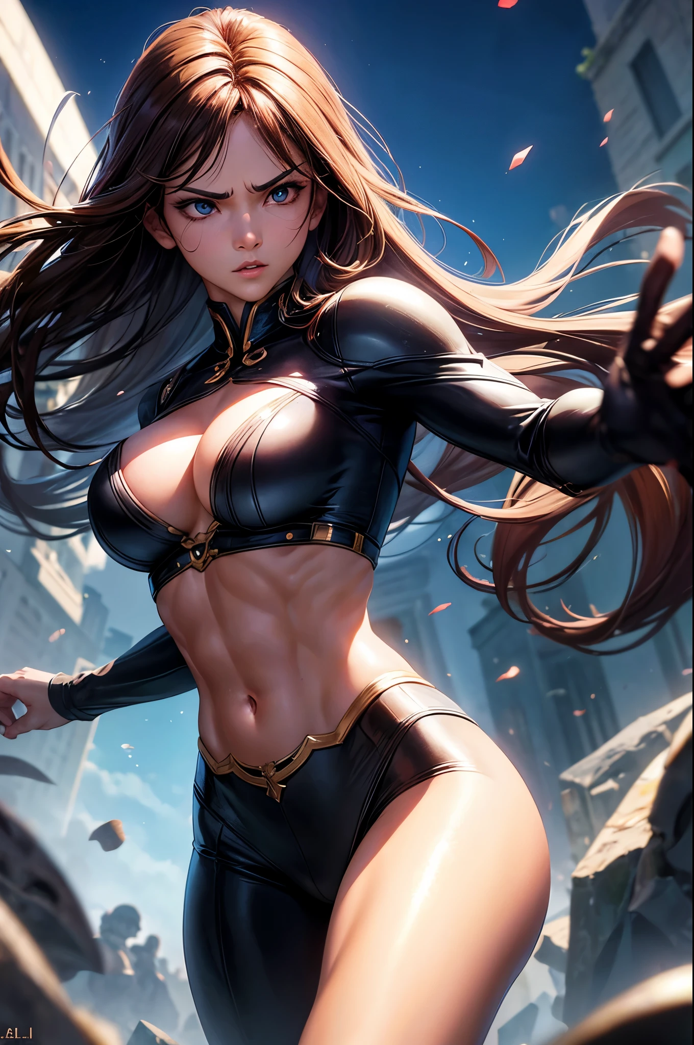 8k,Brown-haired ethnic female demon slayer,Super Beauty(Like the real thing),Sexy Demon Slayer Costumes,Toned Up, Muscular body,Perfect Anatomy,charm,Volume measurement,Body balance,Digital single-lens reflex camera, Soft lighting, Detailed Background, Written boundary depth, Volumetric lighting, Sharp focus,  Realistic proportions, Excellent anatomy, (Realistic, 超Realistic:1.4),  dawn,Ultra-high resolution,super beautiful expression,Fantasy art,Character Art,Wind effects:1.9、Cloud Effect:1.2、Full Rendering、Professional quality high resolution、Perfect contrast、Perfect lighting、Perfect composition、Perfect Fingers、Perfect breasts、Perfect Hair、Perfect Face、Realistic facial features,Highest quality,Slim figure,Perfect body line,Perfect hand shape,Anatomical Body Balance,Highly detailed face,Highly detailed eyes,Beautiful Lips,Excellent light particles,Cinema Lighting,compensate,Ultra-Realistic Skin,Muscle Body,Hard and strong abdominal muscles,Combat trousers,Battle Costume,Angry expression,Ready for battle,Releases energy,Black leather coat,Muscular Beauty,Dynamic fighting pose,Uplifting,