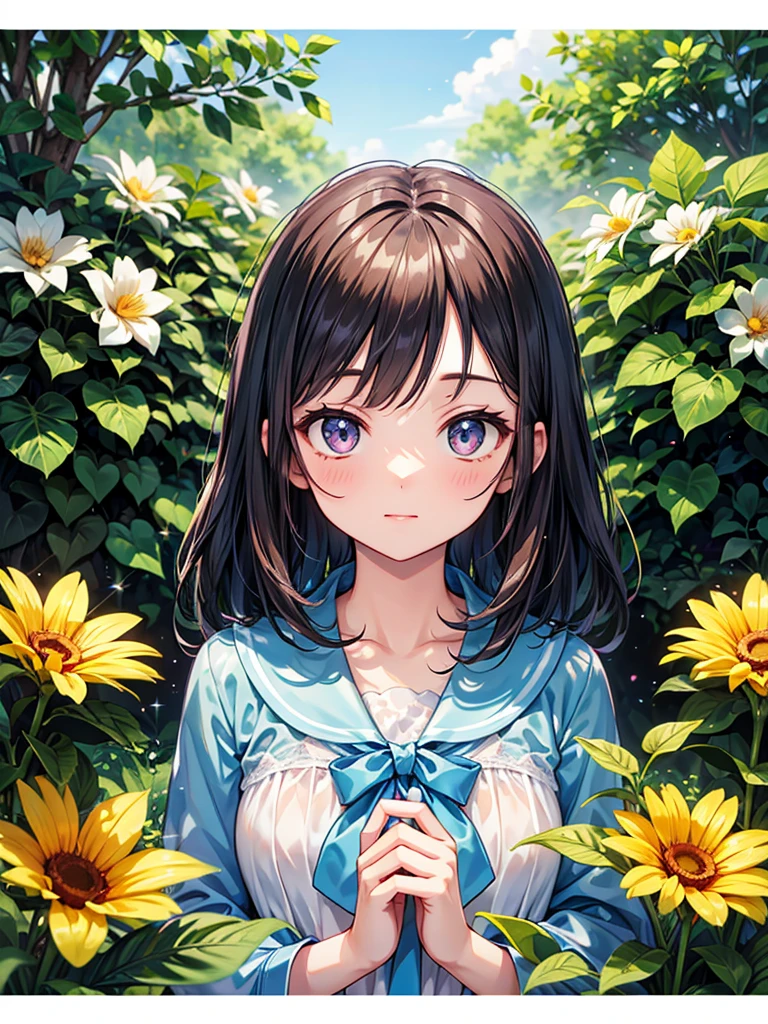 Highest quality, expensive_solve, clear_image, Detailed Background, girl, flower, garden, Diagonal bangs, 18 Year Old Sparkling Effect, look up, 