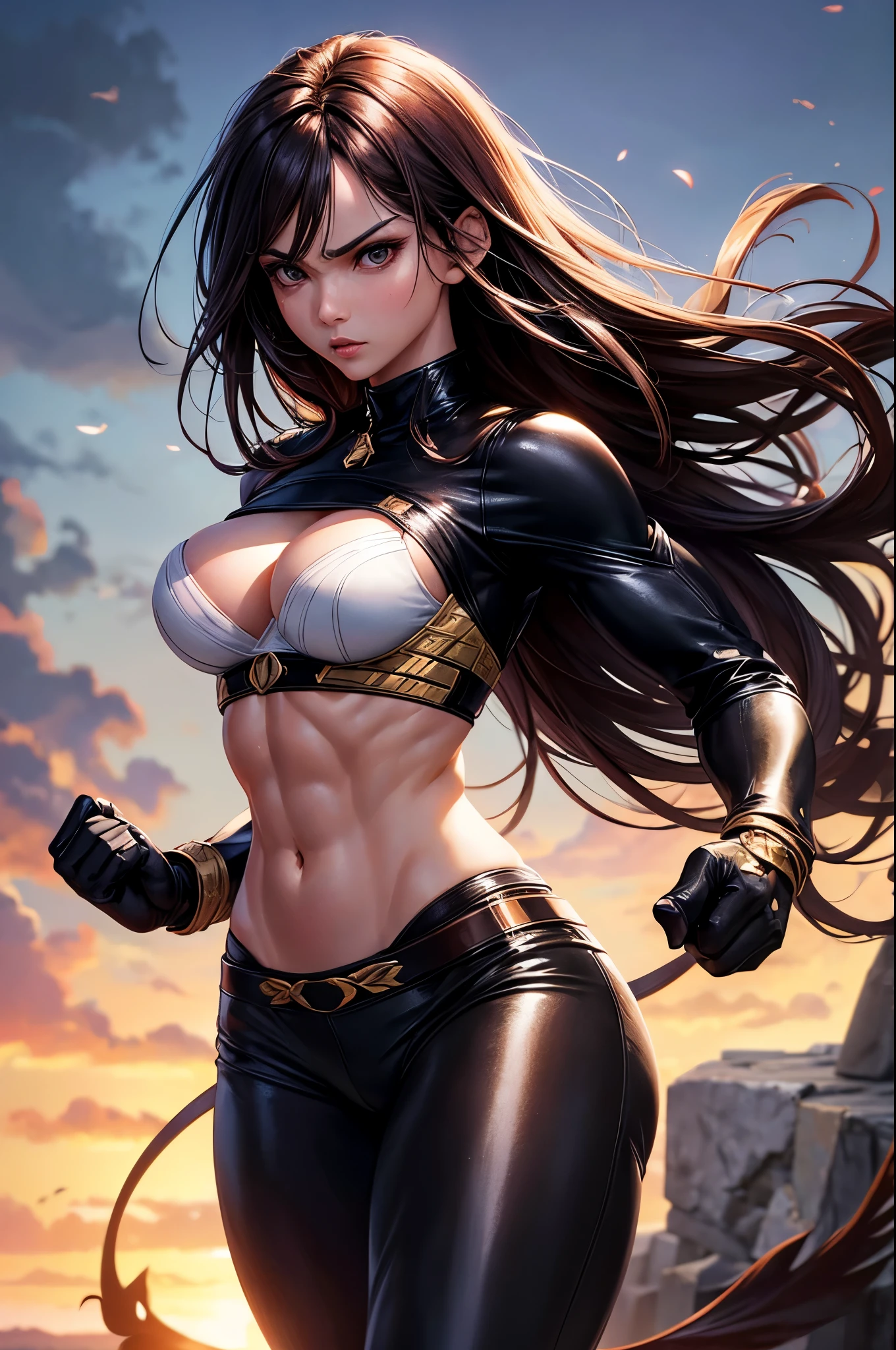 8k,Brown-haired ethnic female demon slayer,Super Beauty(Like the real thing),Sexy Demon Slayer Costumes,Toned Up, Muscular body,Perfect Anatomy,charm,Volume measurement,Body balance,Digital single-lens reflex camera, Soft lighting, Detailed Background, Written boundary depth, Volumetric lighting, Sharp focus,  Realistic proportions, Excellent anatomy, (Realistic, 超Realistic:1.4),  dawn,Ultra-high resolution,super beautiful expression,Fantasy art,Character Art,Wind effects:1.9、Cloud Effect:1.2、Full Rendering、Professional quality high resolution、Perfect contrast、Perfect lighting、Perfect composition、Perfect Fingers、Perfect breasts、Perfect Hair、Perfect Face、Realistic facial features,Highest quality,Slim figure,Perfect body line,Perfect hand shape,Anatomical Body Balance,Highly detailed face,Highly detailed eyes,Beautiful Lips,Excellent light particles,Cinema Lighting,compensate,Ultra-Realistic Skin,Muscle Body,Hard and strong abdominal muscles,Combat trousers,Battle Costume,Angry expression,Ready for battle,Releases energy,Black leather coat,Muscular Beauty,Dynamic fighting pose,Uplifting,