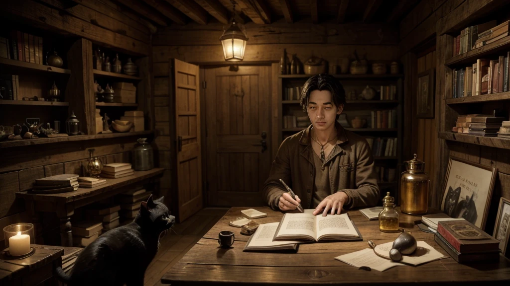 1 mango, wise, with a golden key in his hands, front view, rustic environment, cozily, with books and potions, with a black cat on the table