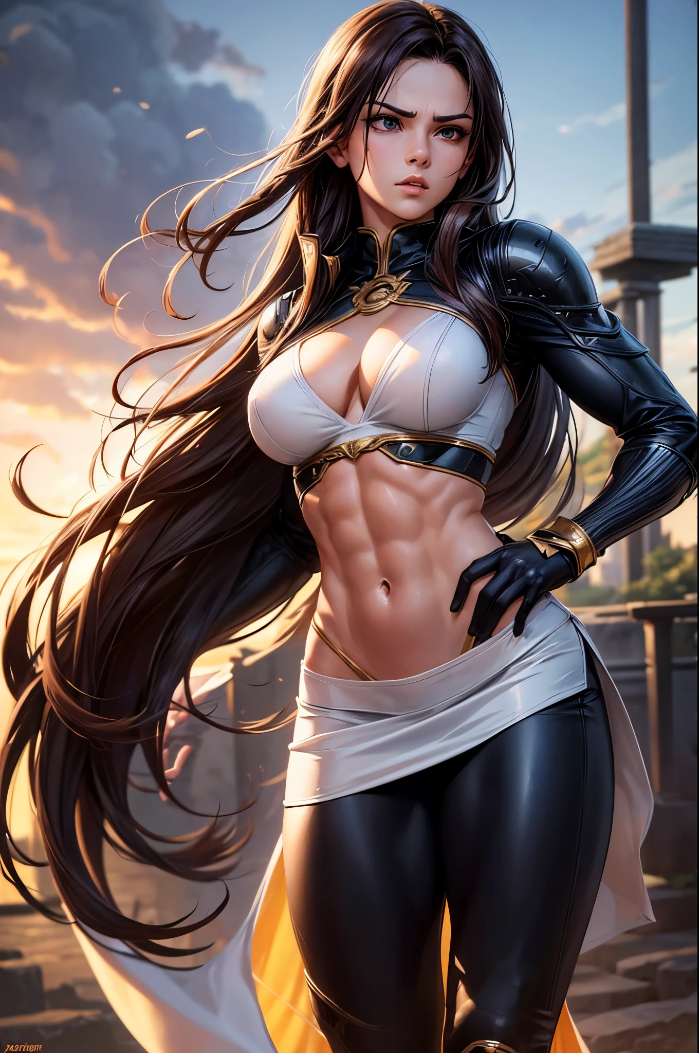 8k,Brown-haired ethnic female demon slayer,Super Beauty(Like the real thing),Sexy Demon Slayer Costumes,Toned Up, Muscular body,Perfect Anatomy,charm,Volume measurement,Body balance,Digital single-lens reflex camera, Soft lighting, Detailed Background, Written boundary depth, Volumetric lighting, Sharp focus,  Realistic proportions, Excellent anatomy, (Realistic, 超Realistic:1.4),  dawn,Ultra-high resolution,super beautiful expression,Fantasy art,Character Art,Wind effects:1.9、Cloud Effect:1.2、Full Rendering、Professional quality high resolution、Perfect contrast、Perfect lighting、Perfect composition、Perfect Fingers、Perfect breasts、Perfect Hair、Perfect Face、Realistic facial features,Highest quality,Slim figure,Perfect body line,Perfect hand shape,Anatomical Body Balance,Highly detailed face,Highly detailed eyes,Beautiful Lips,Excellent light particles,Cinema Lighting,compensate,Ultra-Realistic Skin,Muscle Body,Hard and strong abdominal muscles,Combat trousers,Battle Costume,Angry expression,Ready for battle,Releases energy,Black leather coat,Muscular Beauty,Dynamic fighting pose,Uplifting,