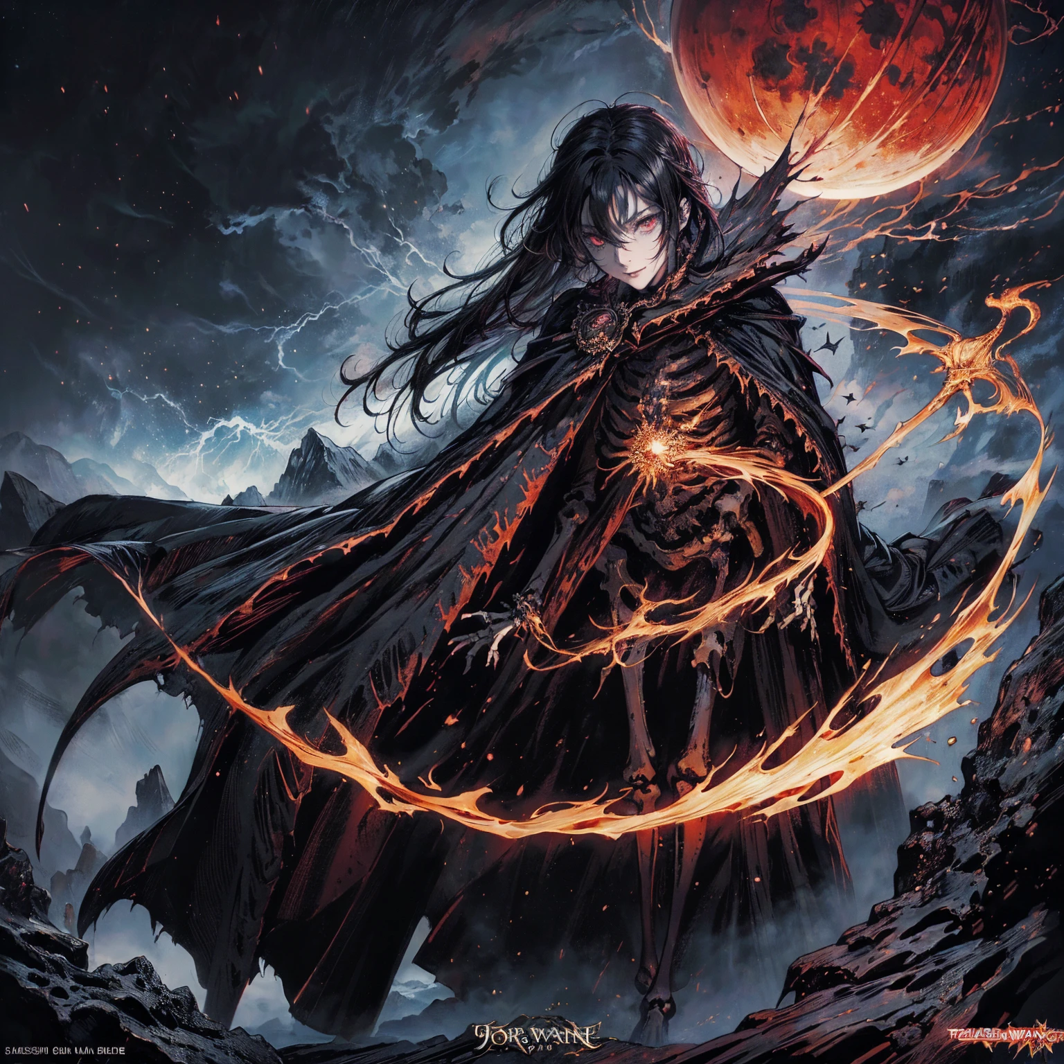 (full body:1.5), (wide shot:1.2), best quality, 4K, high resolution, (masterpiece:1.2), Very detailed, (actual:1.37), (anatomically correct:1.2), Mood lighting, A black hair young undead girl in a long cape, Whole body including hands & arms & legs & feet are all skeleton bones but except the head is still beautiful human face, Wearing a ragged gothic skirt, Shaded expression, Aloofness emotion, Dangerous sneer, beautiful but sorrowful smile, Black tears of blood flowed from eyes, lean on one side floating above ground, Facing the camera, Crucified, Pitch black sky, Blood-red moon, strange atmosphere, Gothic style, Unforgettable beauty, Dramatic shadows, Ethereal Light, Mysterious atmosphere, Necromancer, Dark Magic, Resurrection of the Dead, Resurrected zombies and skeletons roaming around, bone dragon, pathfinder: wrath of the righteous: lich myth path.