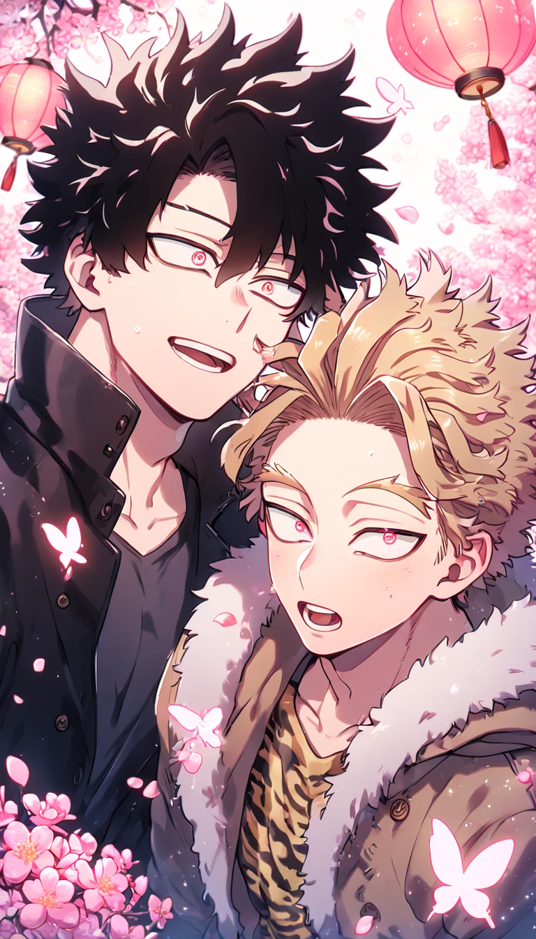 absurd resolution, high resolution, ultra detailed, detailed eyes, delicated features, extremely detailed, HDR, 8K, Hawks, ash-blonde hair, expressive golden eyes, Boku No Hero Academia, Megumi, black hair, messy hair, expressive red eyes, two sexy men together, yaoi, gay couple, handsome, brown coat with fur, black coat, fantasy, cool, magical, pink glittering butterflies, pink dust flying around, pink flowers, pink petals, pink lanterns, pink blossoms