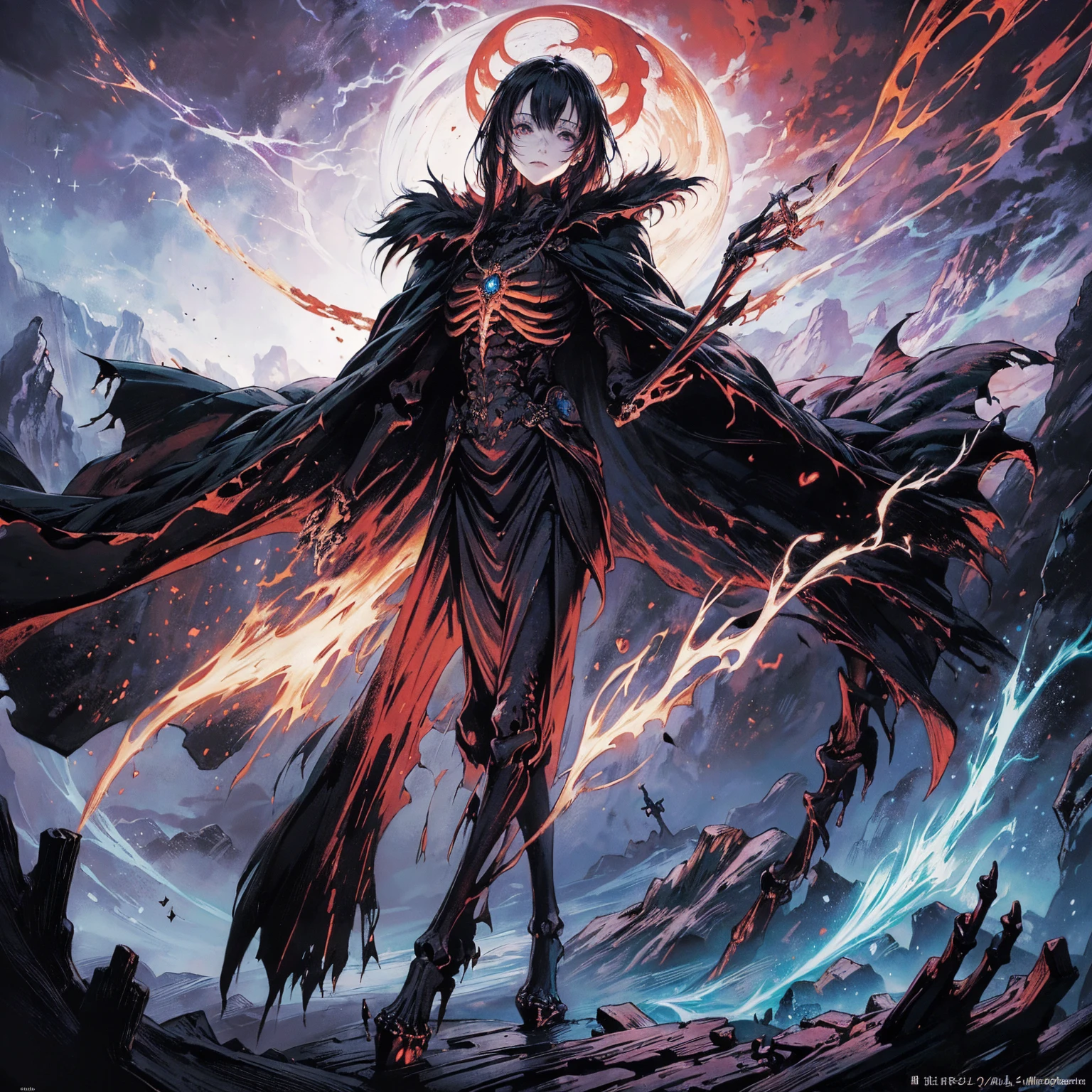 (full body shot:1.5), (Wide-angle lens:1.2), (black hair:1.5), best quality, 4K, high resolution, (masterpiece:1.2), Very detailed, (current:1.37), (Anatomically correct:1.2), Mood lighting, Undead girl in a long cloak, (Torso and limb is skeleton bone but head is still beautiful human face:1.2), Wearing a tattered gothic skirt, A sense of alienation, Dangerous sneer, Smiling and crying, Dark Force (StarWar), Force lightning radiates from fingertips, Facing the camera, Pitch black sky, Blood red moon, strange atmosphere, Gothic style, Unforgettable beauty, Dramatic shadows, Ethereal Light, Mysterious atmosphere, Resurrection from the grave, The Black Magic, Dead, Anime characters with black hair, Detailed cover design, Anime epic artwork, detailed key anime art, Be focused, dark fantasy artwork, Anime Fantasy Artwork, Official artwork with high detail, Dark Witch Panorama, Lich Vecna (d&d)