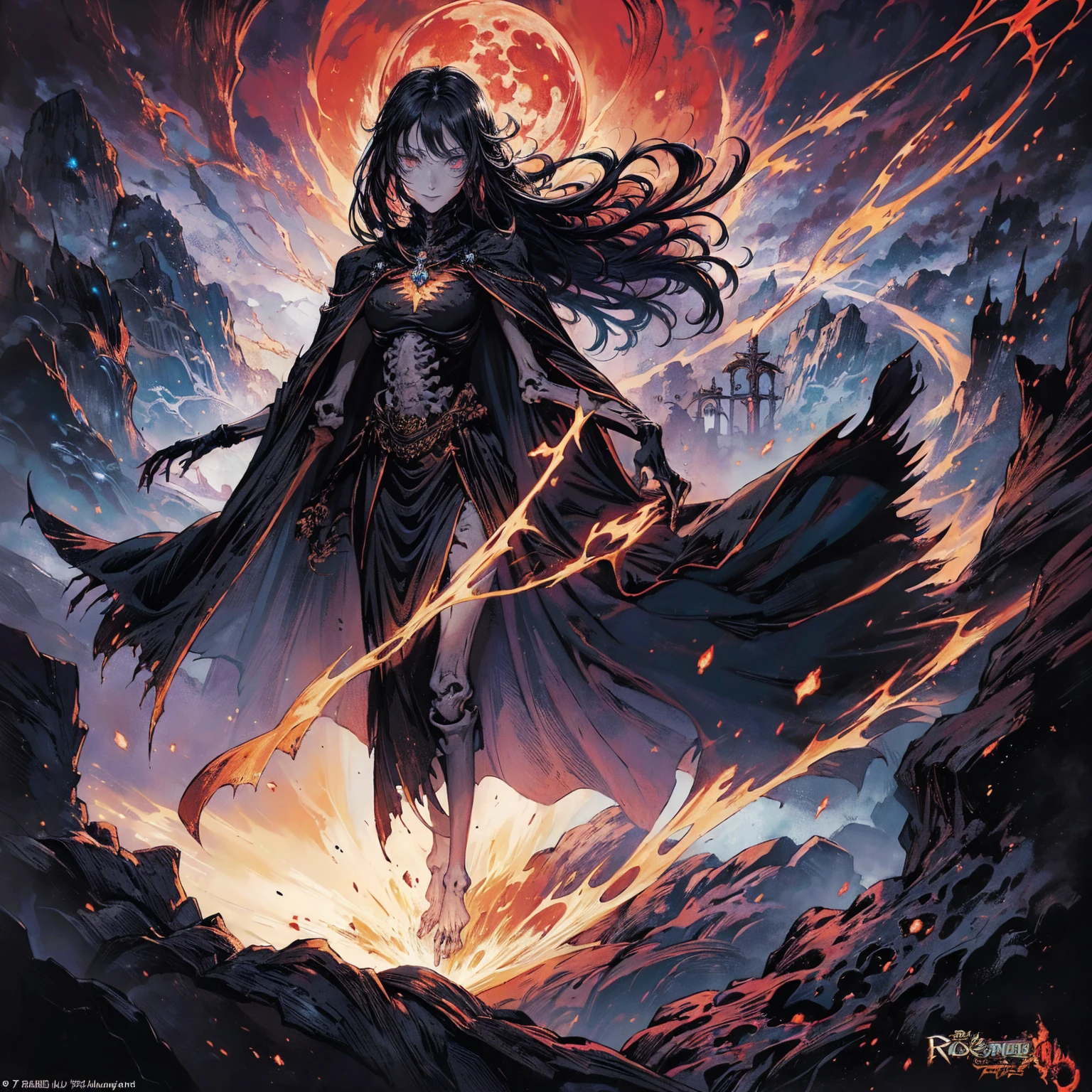 (full body shot:1.5), (Wide-angle lens:1.2), (black hair:1.5), best quality, 4K, high resolution, (masterpiece:1.2), Very detailed, (current:1.37), (Anatomically correct:1.2), Mood lighting, Undead girl in a long cloak, (Torso and limb is skeleton bone but head is still beautiful human face:1.2), Wearing a tattered gothic skirt, A sense of alienation, Dangerous sneer, Smiling and crying, Dark Force (StarWar), Force lightning radiates from fingertips, Facing the camera, Pitch black sky, Blood red moon, strange atmosphere, Gothic style, Unforgettable beauty, Dramatic shadows, Ethereal Light, Mysterious atmosphere, Resurrection from the grave, The Black Magic, Dead, Anime characters with black hair, Detailed cover design, Anime epic artwork, detailed key anime art, Be focused, dark fantasy artwork, Anime Fantasy Artwork, Official artwork with high detail, Dark Witch Panorama, Lich Vecna (d&d)